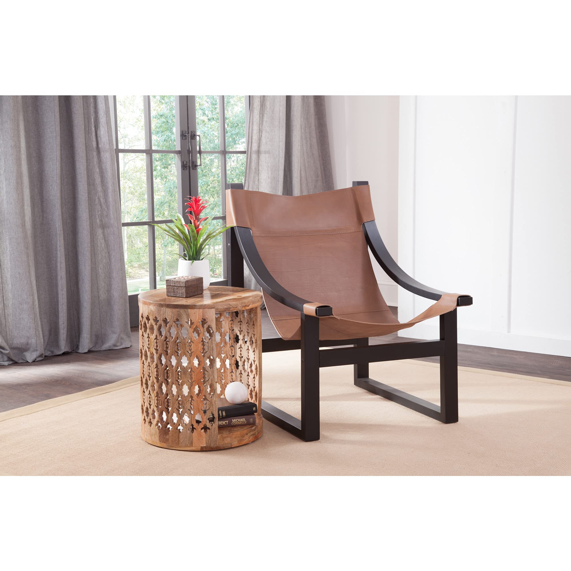 Steve Silver Unique Brinley, Hand-Carved Rosette Pattern, Solid Mango Wood, Natural Finish-Moroccan-Inspired Design End Table, Brown