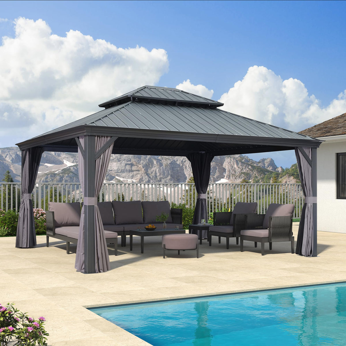 Purple Leaf 13' X 15' Permanent Gazebo With Metal Roof Outdoor Hardtop Gazebo For Patio Lawn And Garden Curtains And Netting Inc