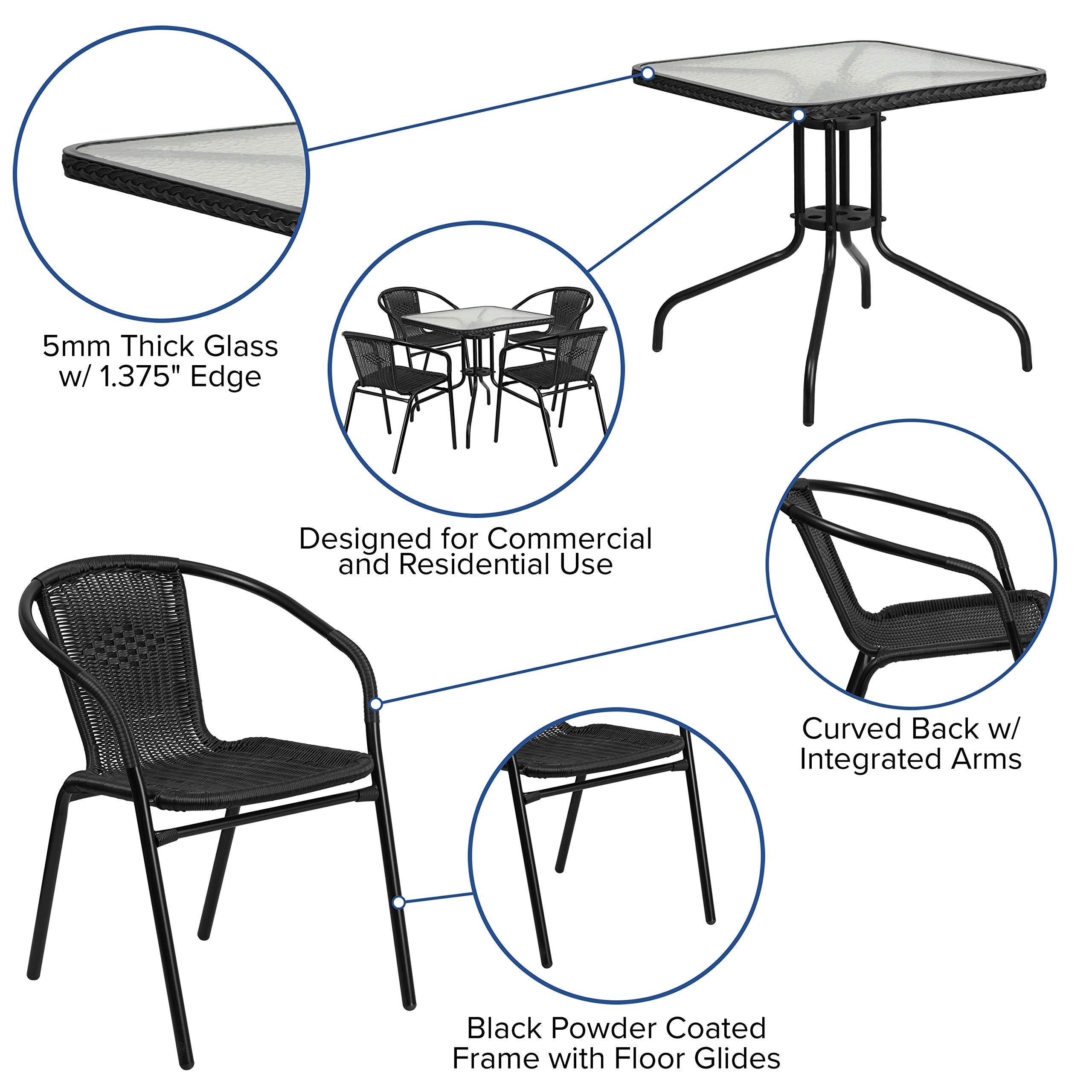 Flash Furniture 5-Piece 28' Square Indoor/Outdoor Patio Table And Chairs Set, Dining Set With Glass Metal Bistro Table, 4 Stack Rattan Chairs, Black