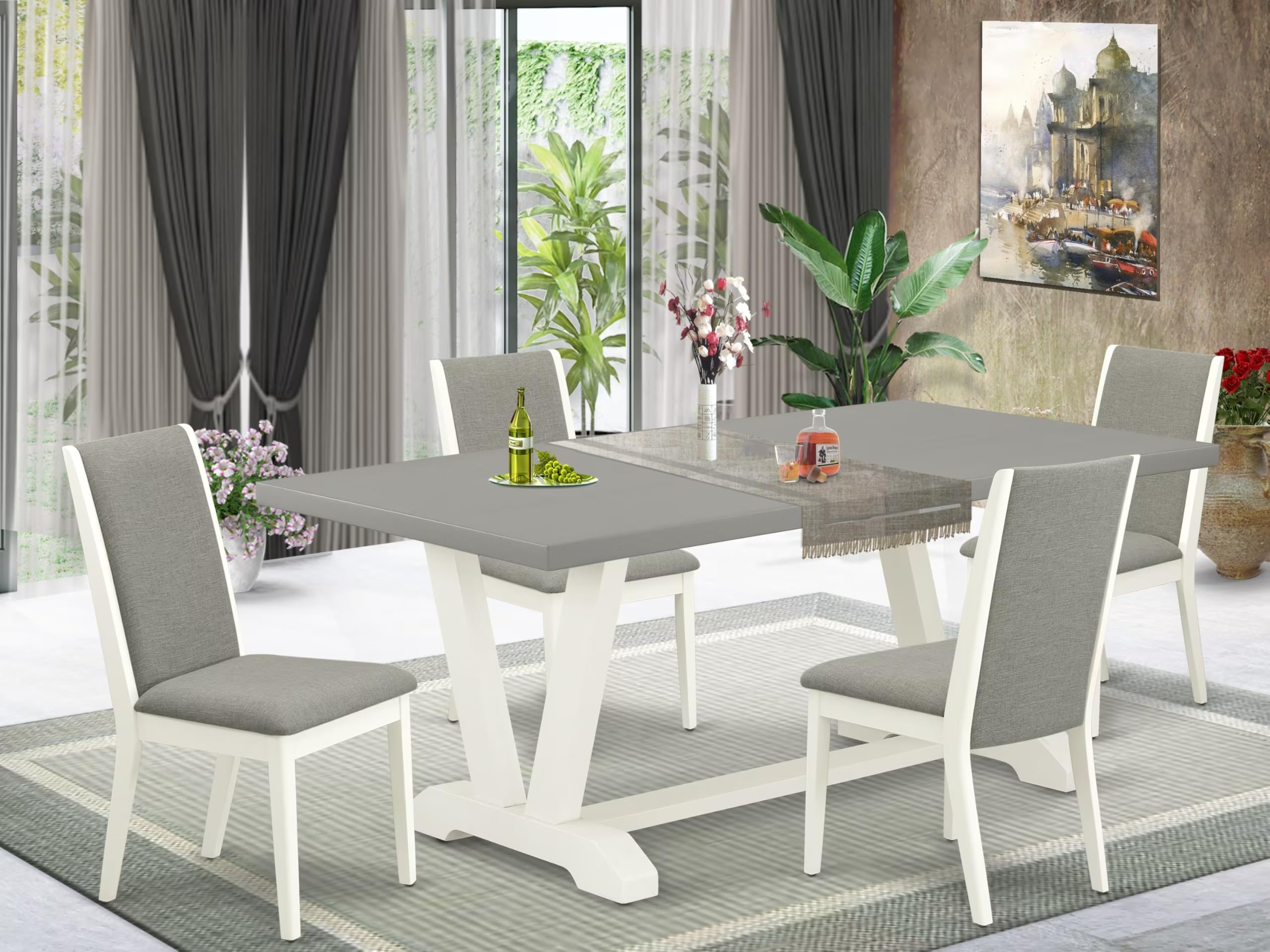 East West Furniture V097La206-5 5 Piece Kitchen Table & Chairs Set Includes A Rectangle Dining Room Table With V-Legs And 4 Shitake Linen Fabric Parsons Chairs, 40X72 Inch, Multi-Color