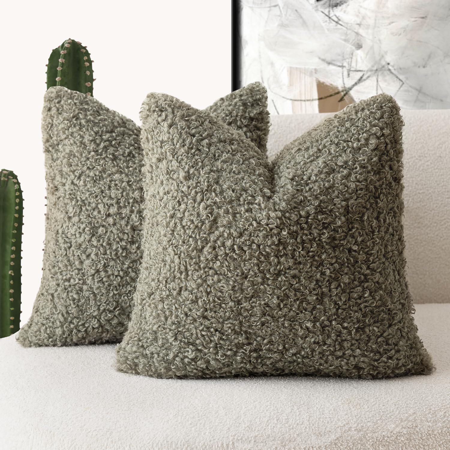 Foindtower 2 Pieces 16X16 Inch Sage Green, Faux Fur Throw Pillow Cover Accent Sherpa Pillow Fuzzy Soft Pillowcases Sheepskin Dec
