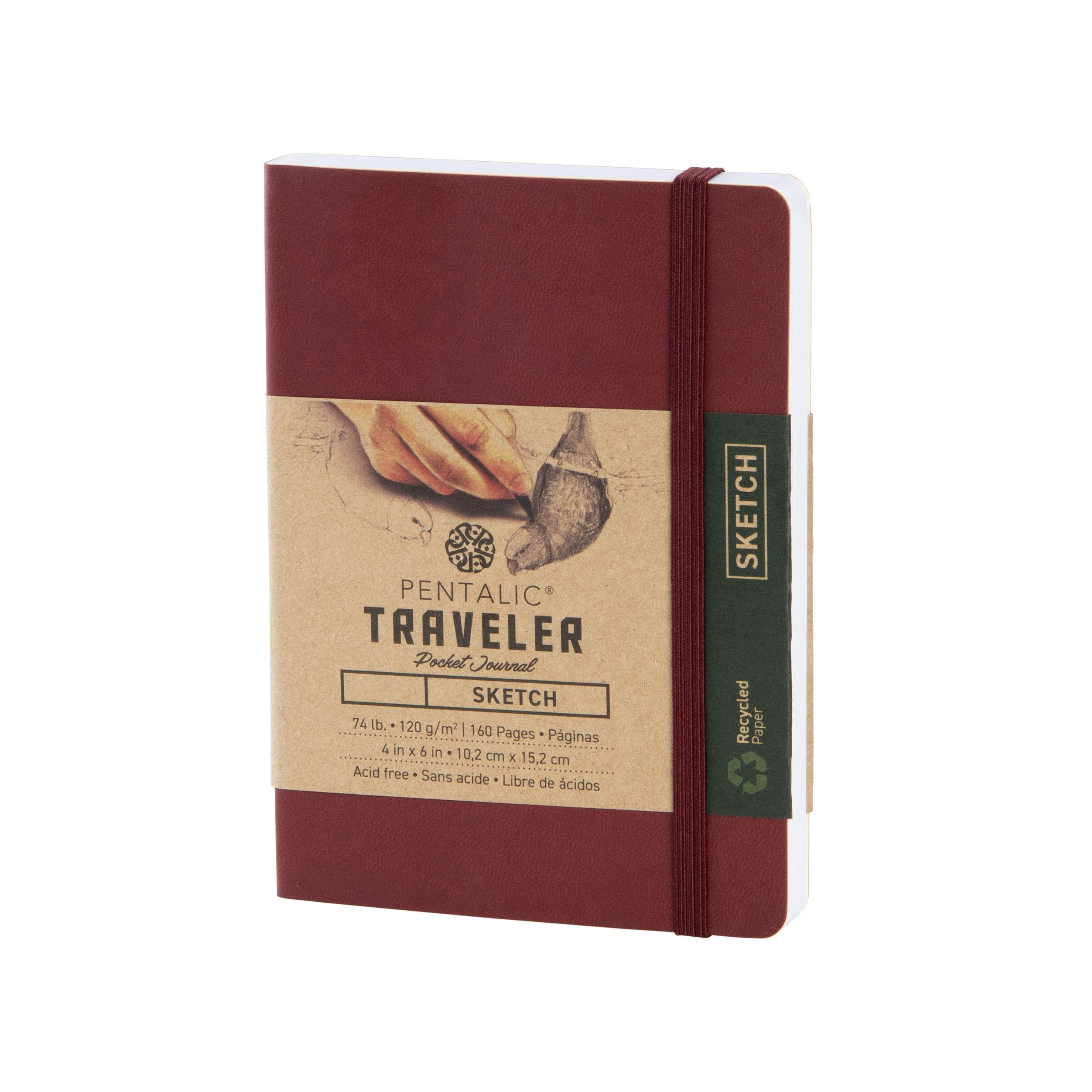 Pentalic 4' X 6' Pocket Sketchbook Traveler Journal, 160 Pages, Burgundy