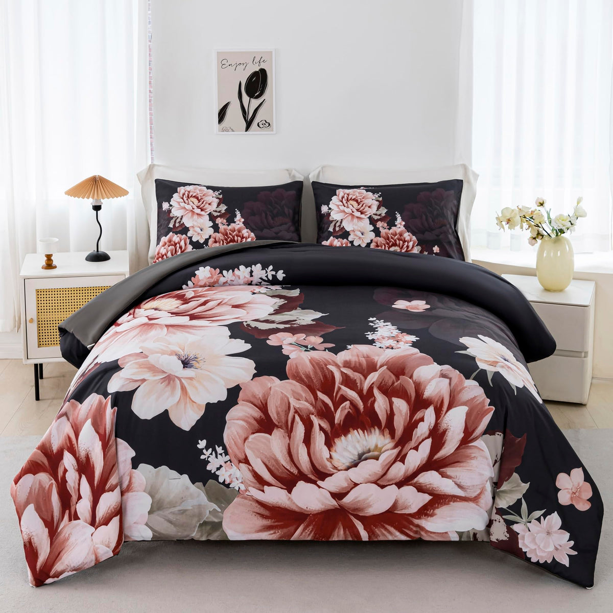 Rynghipy Floral Comforter Set Full Size Botanical Flowers Leaves Bedding Comforter Sets Lightweight Fluffy Bed Set Pillowcases (