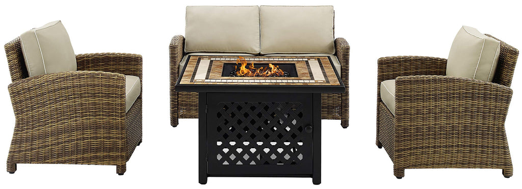 Crosley Furniture Bradenton 4-Piece Wicker Outdoor Loveseat Patio Furniture Set with Gas Fire Pit Table, Brown with Sand Cushions
