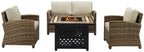 Crosley Furniture Bradenton 4-Piece Wicker Outdoor Loveseat Patio Furniture Set with Gas Fire Pit Table, Brown with Sand Cushions