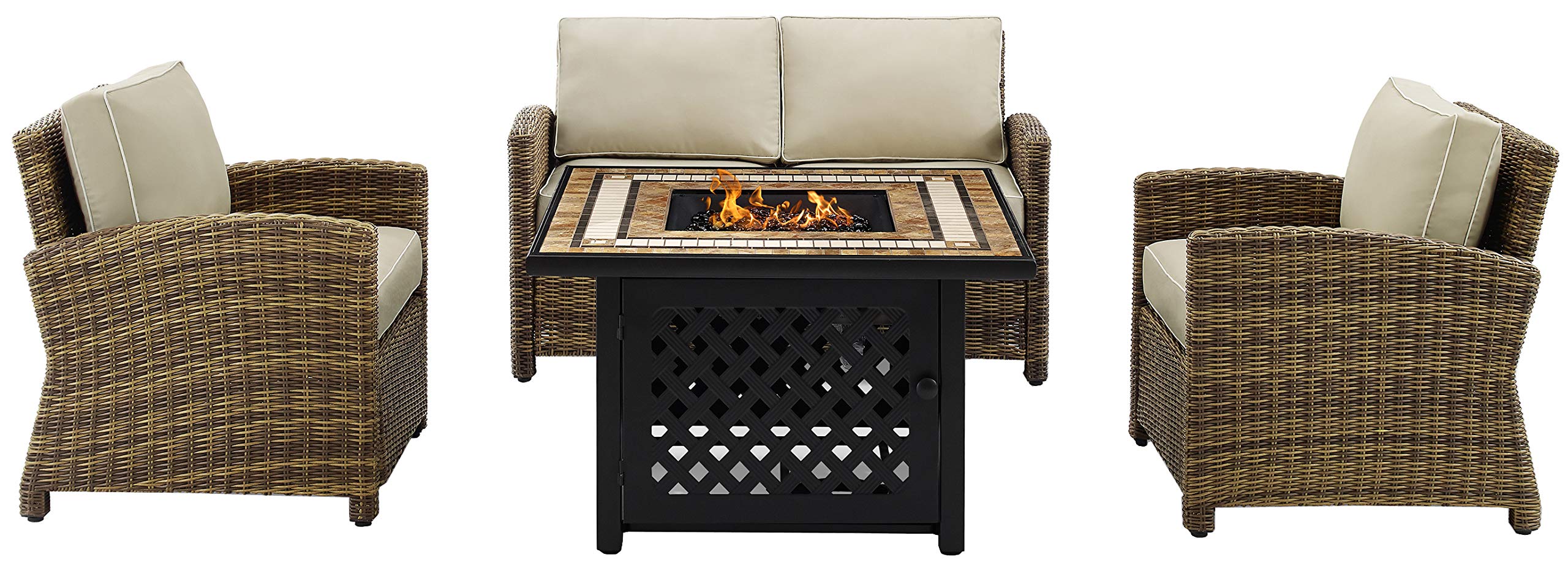 Crosley Furniture Bradenton 4-Piece Wicker Outdoor Loveseat Patio Furniture Set with Gas Fire Pit Table, Brown with Sand Cushions