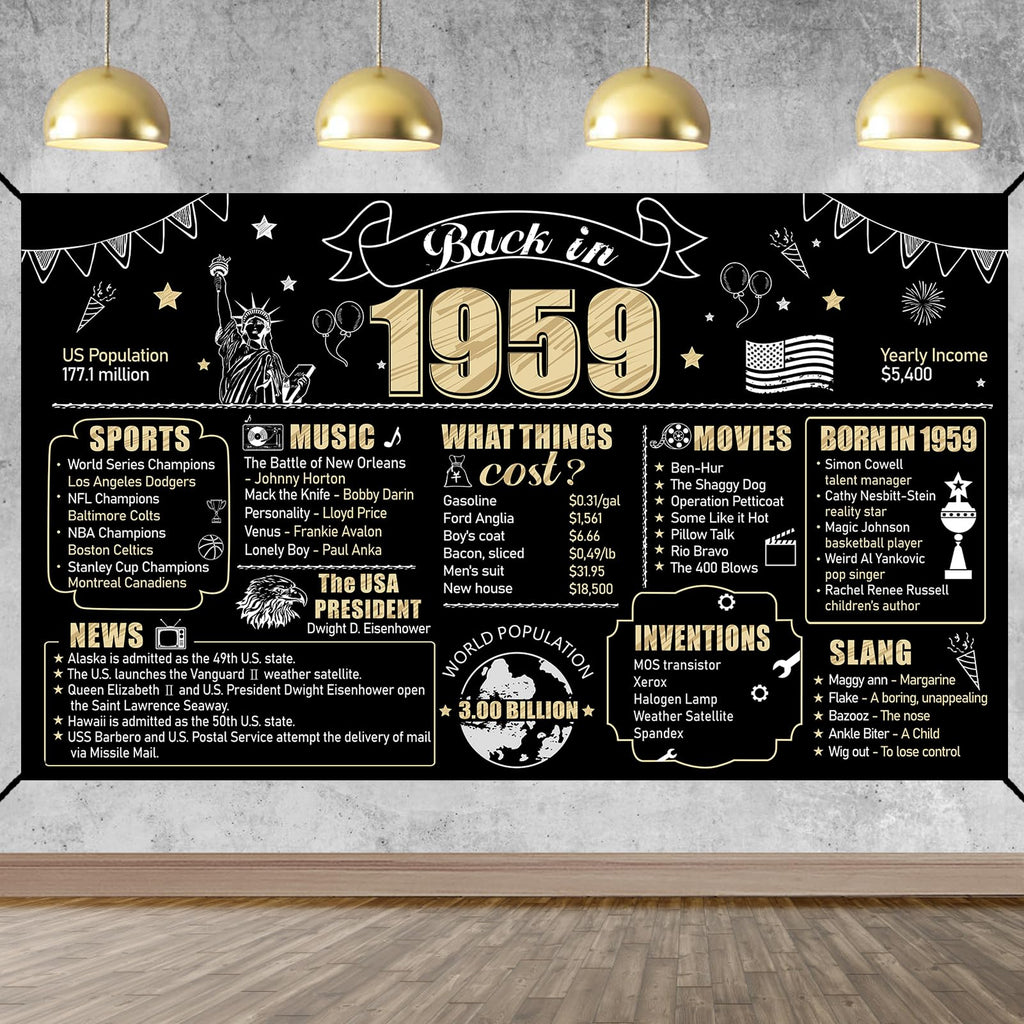 Eiurteao 65th Birthday Decorations Back in 1959 Banner Backdrop for Women Men, Black Gold Happy 65 Birthday Sign Poster Party Su