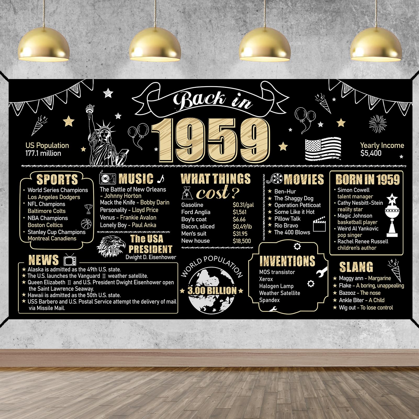 Eiurteao 65th Birthday Decorations Back in 1959 Banner Backdrop for Women Men, Black Gold Happy 65 Birthday Sign Poster Party Su
