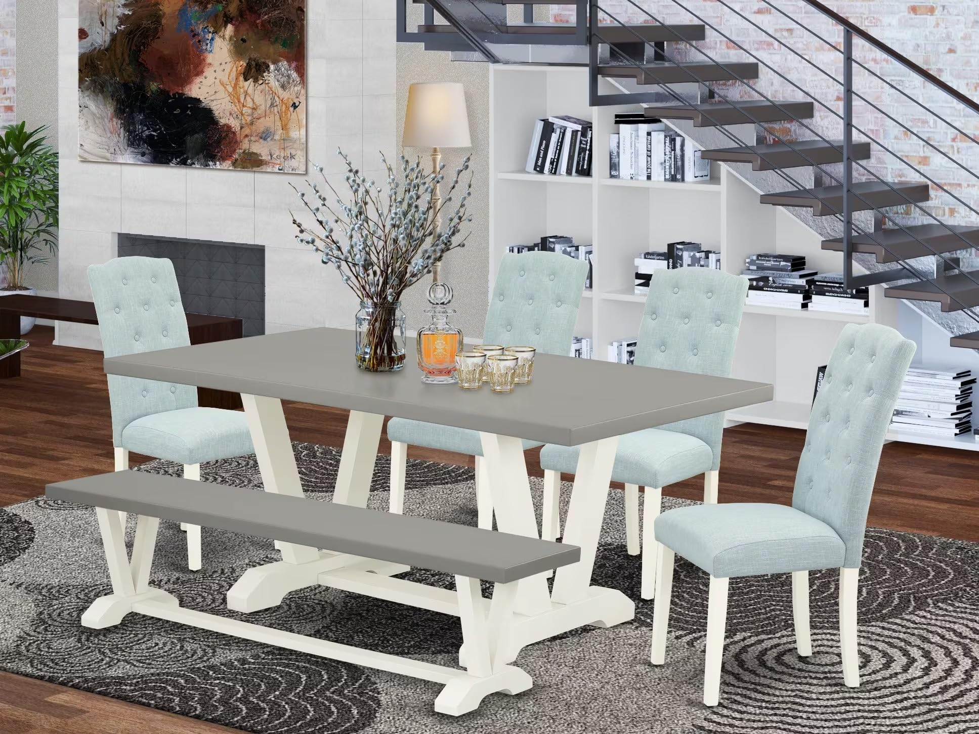 East West Furniture V-Style 6 Piece Set Contains A Rectangle Dining Room Table With V-Legs And 4 Baby Blue Linen Fabric Upholstered Chairs With A Bench, 40X72 Inch, V097Ce215-6