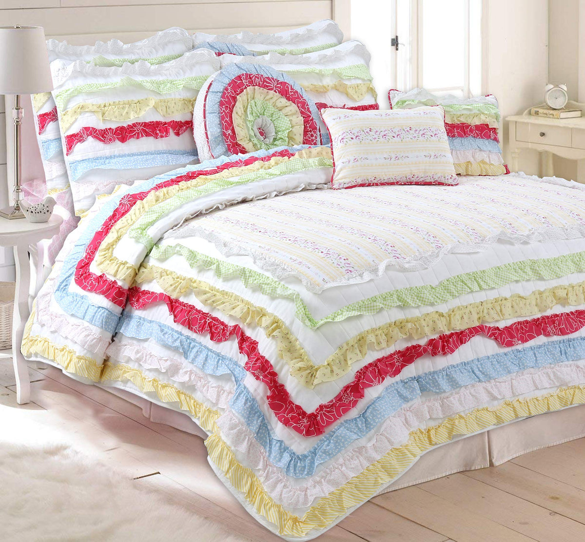 Cozy Line Home Fashions Colorful Striped Ruffle Floral 100% Cotton Reversible Girl Quilt Bedding Set, Reversible Coverlet Bedspr