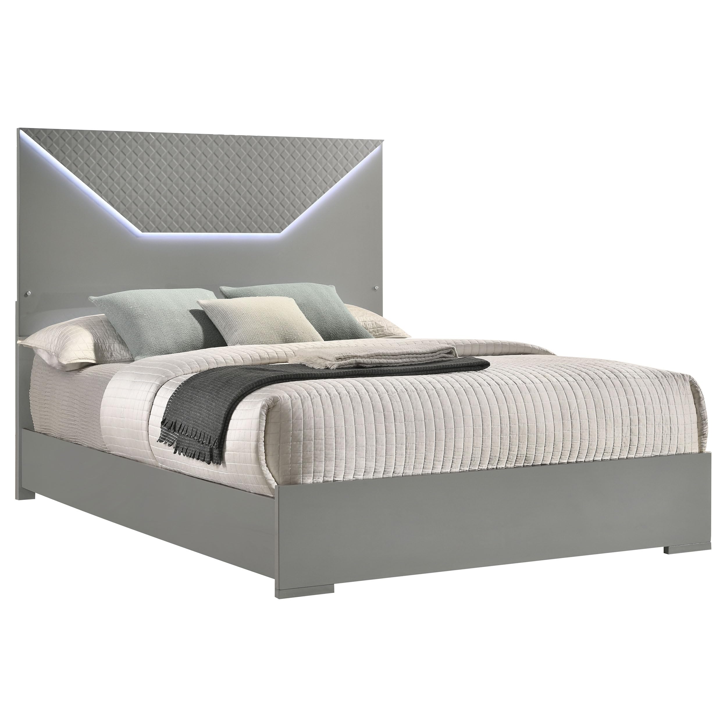 Coaster Home Furnishings Ives Contemporary Wood Queen Size LED Panel Bed Frame 57-inch Headboard Grey High Gloss 224971Q