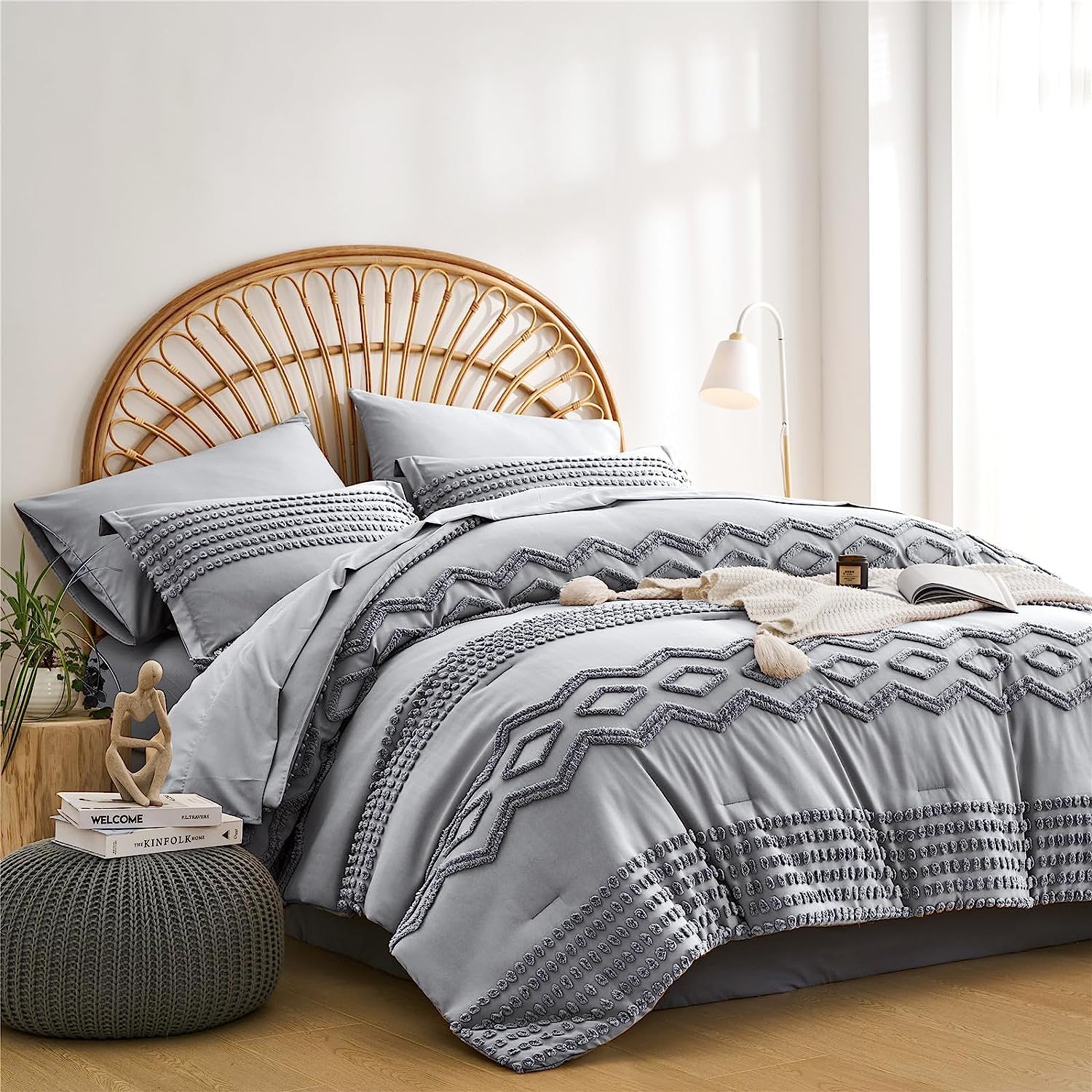 Kakijumn Grey Tufted Comforter Set Full Size 7 Piece Bed In A Bag, Shabby Chic Boho Comforter And Sheet Set, Pom Pom Textured Be