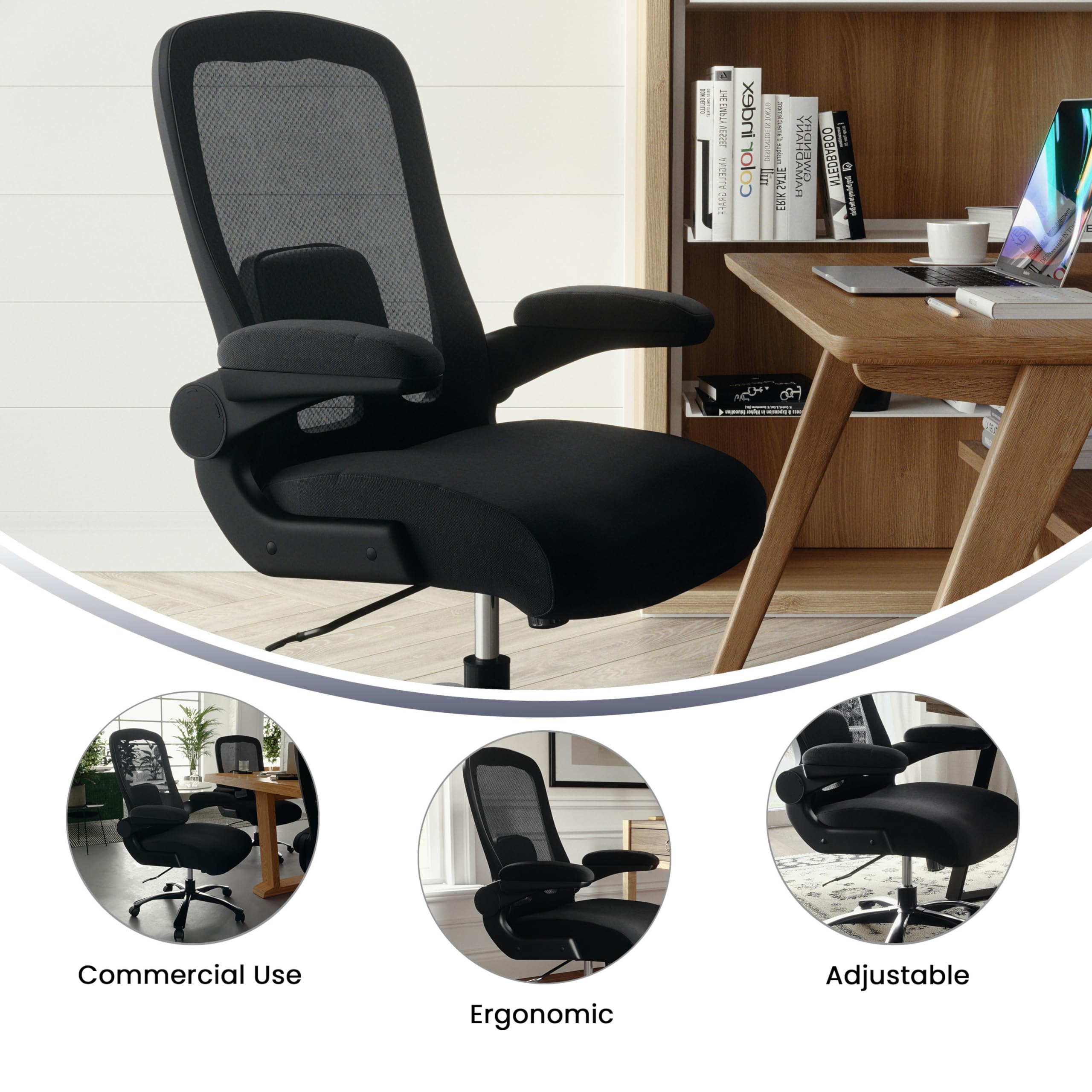 Flash Furniture Big & Tall Swivel Office and Gaming Chair with Lumbar and Back Support, Ergonomic Mesh Office Chair with Flip-Up Armrests and Adjustable Height, Black