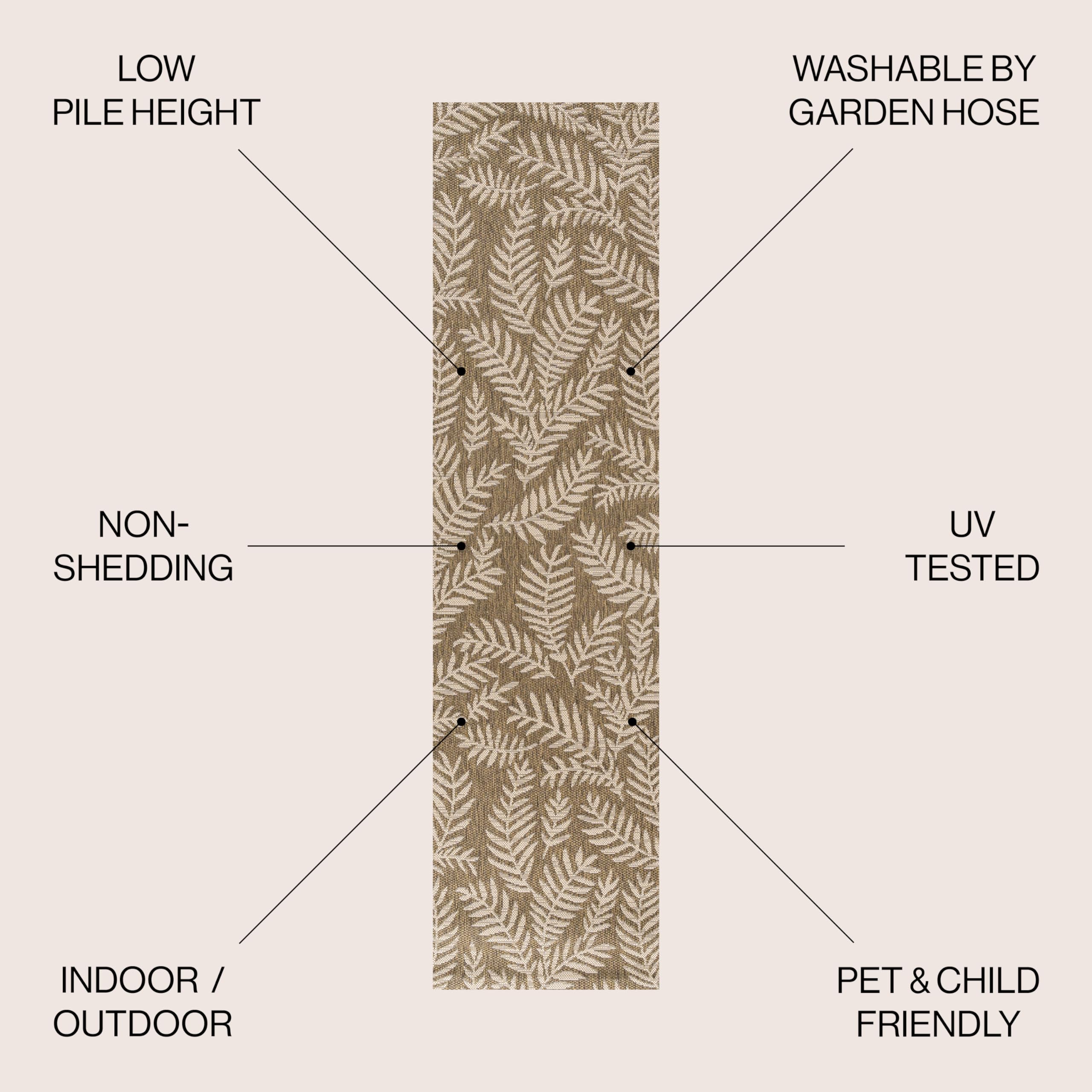 Jonathan Y Smb119A-210 Nevis Palm Frond Indoor Outdoor Area Rug Coastal Floral Easy Cleaning Bedroom Kitchen Backyard Patio Non Shedding, 2 X 10, Brown/Beige