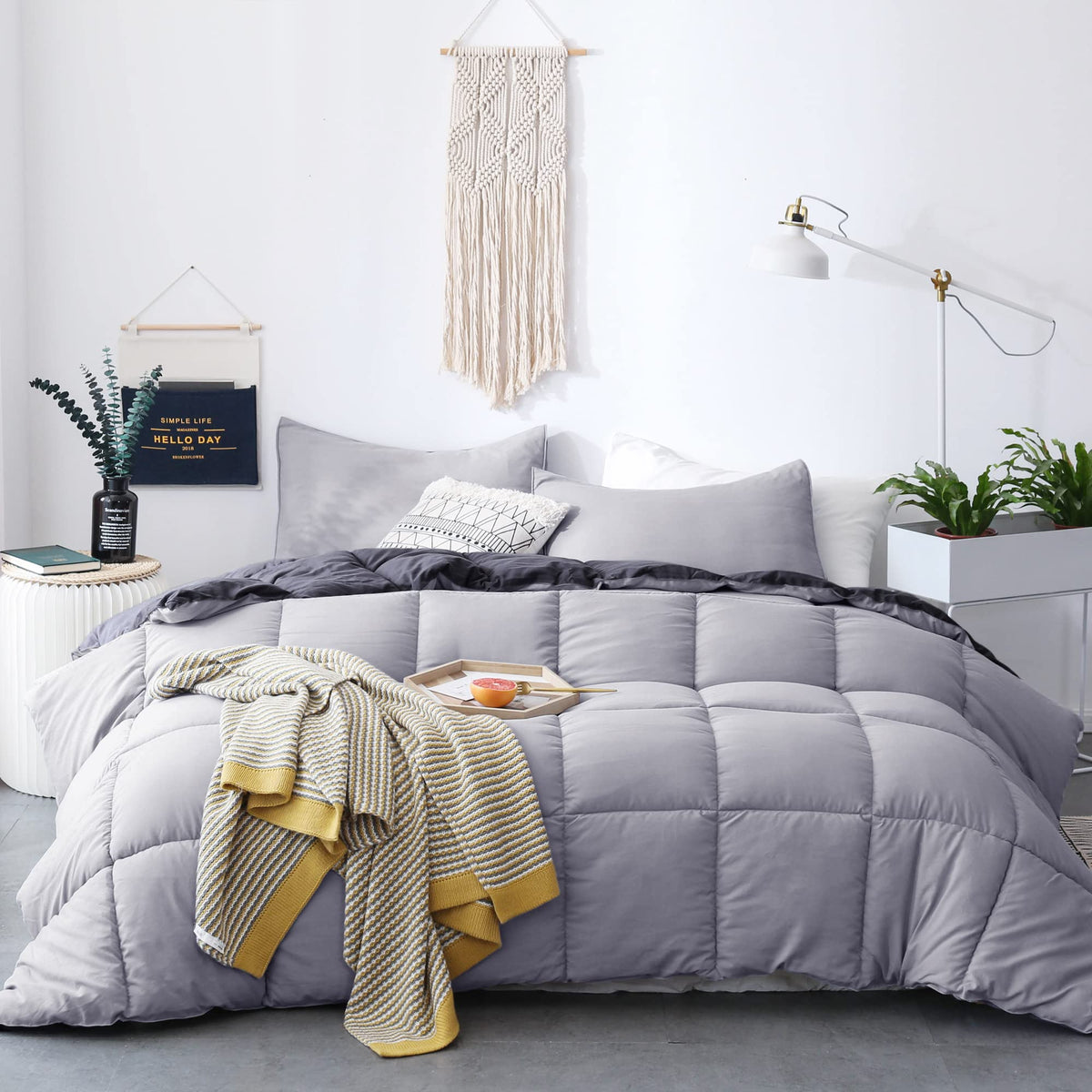 Kasentex All Season Down Alternative Quilted Comforter Set Reversible Ultra Soft Duvet Insert Machine Washable, King, Quartz Sil