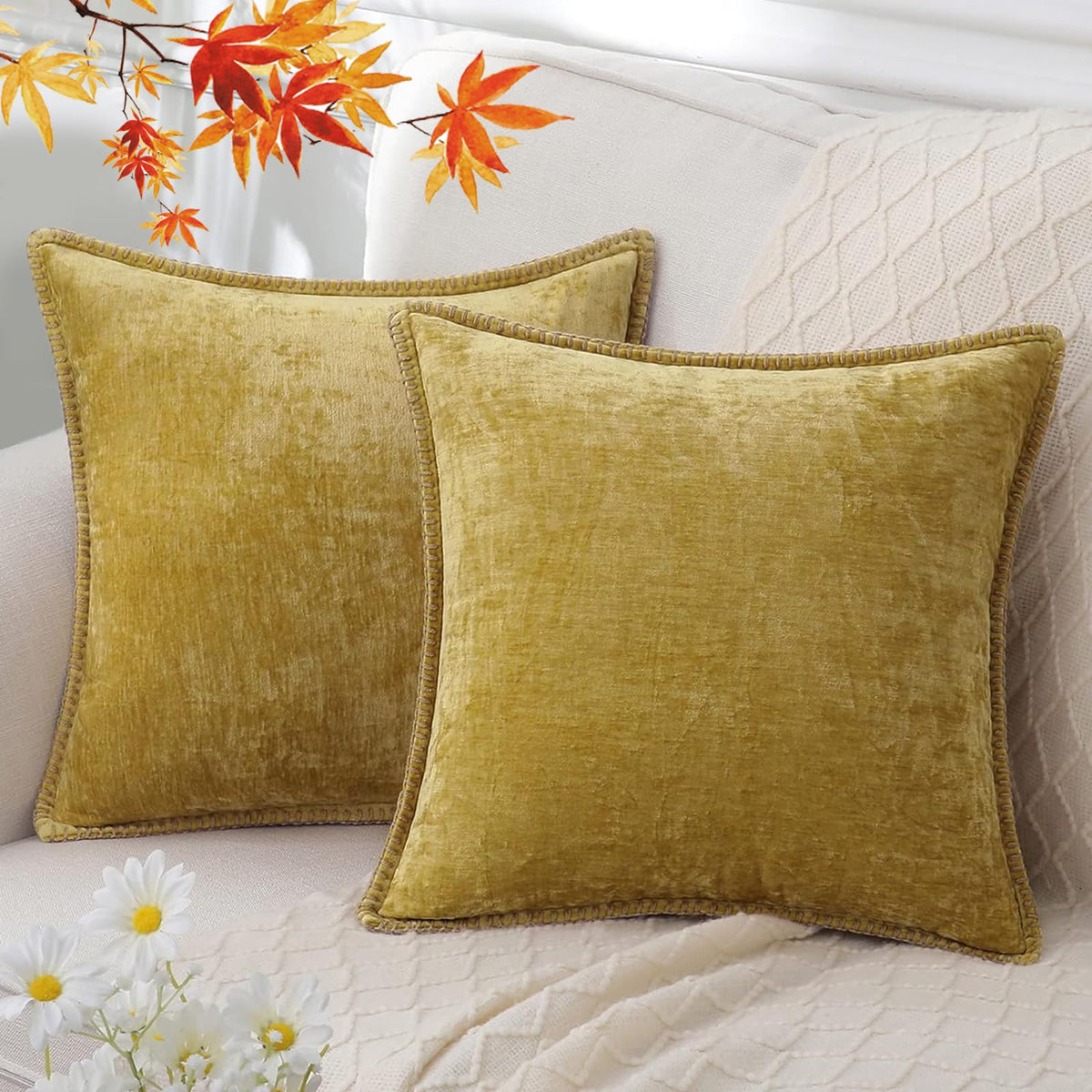 Decoruhome Chenille Soft Fall Throw Pillow Covers 18X18 Set Of 2, Farmhouse Velvet Pillow Covers, Decorative Square Pillow Cover