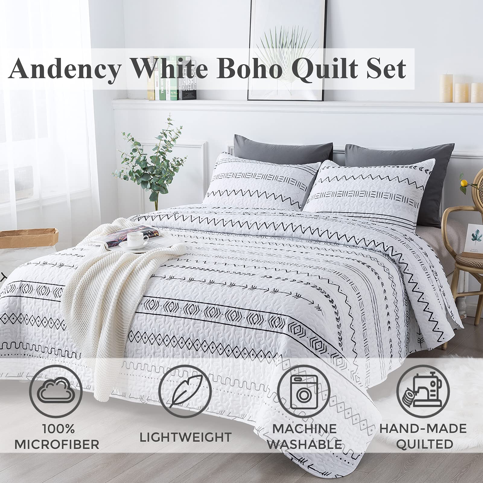 Andency White Quilt Set Oversized King (118X120 Inch), 3 Pieces(1 Striped Triangle Printed Quilt And 2 Pillowcases), Bohemian Summer Lightweight Reversible Microfiber Bedspread Coverlet Sets