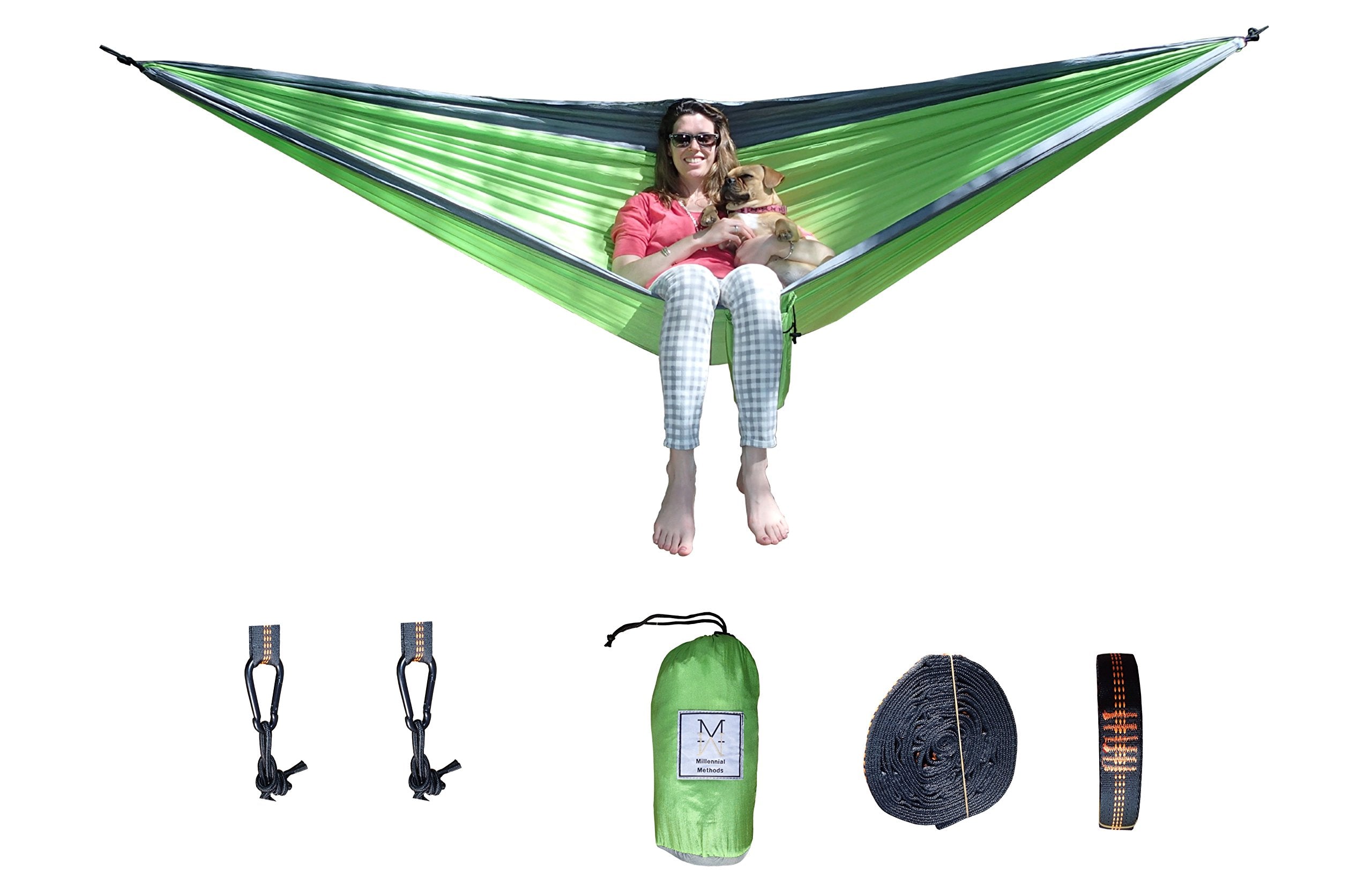 Millennial Methods Ultra Lightweight Double Hammock (Green) - All Inclusive Ripstop Parachute Nylon Hammock for Backpacking, Cam