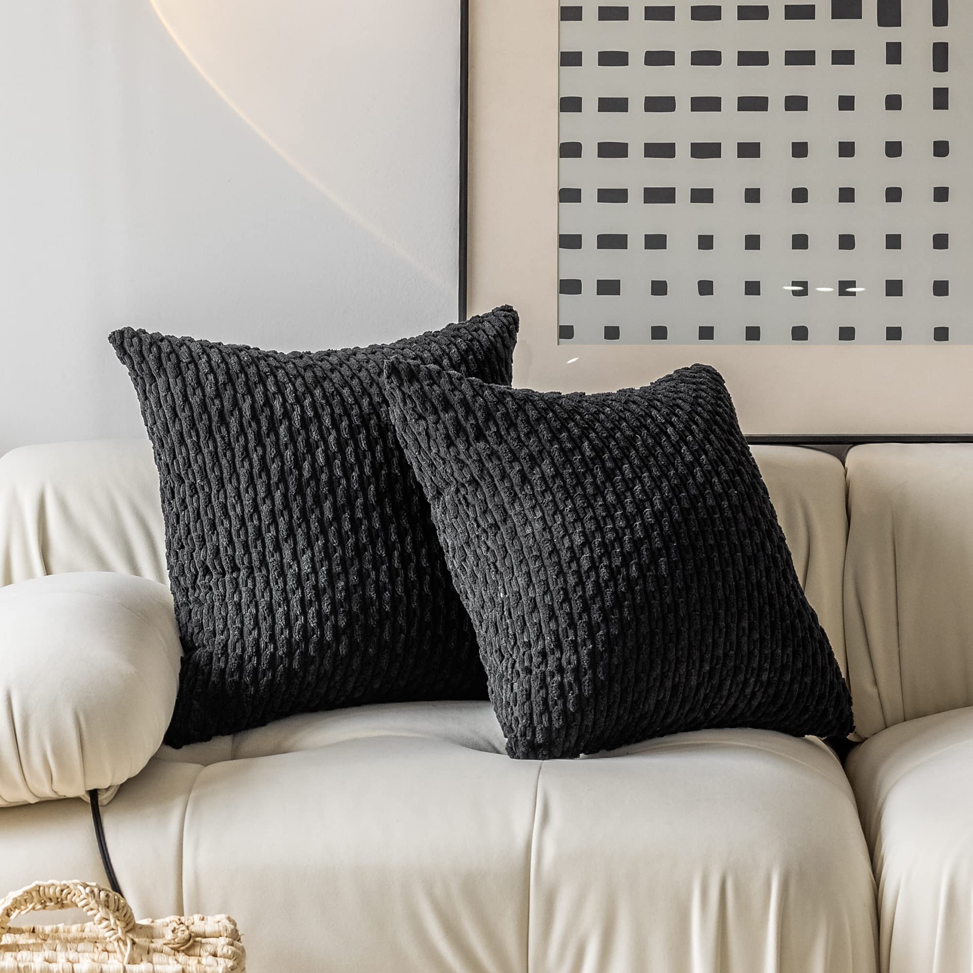 Kevin Textile Set Of 2 Decorative Pillow Cover Solid Striped Corduroy Plush Velvet Cushion Cover For Couch, 50Cm, 20 X 20 Inch, Black