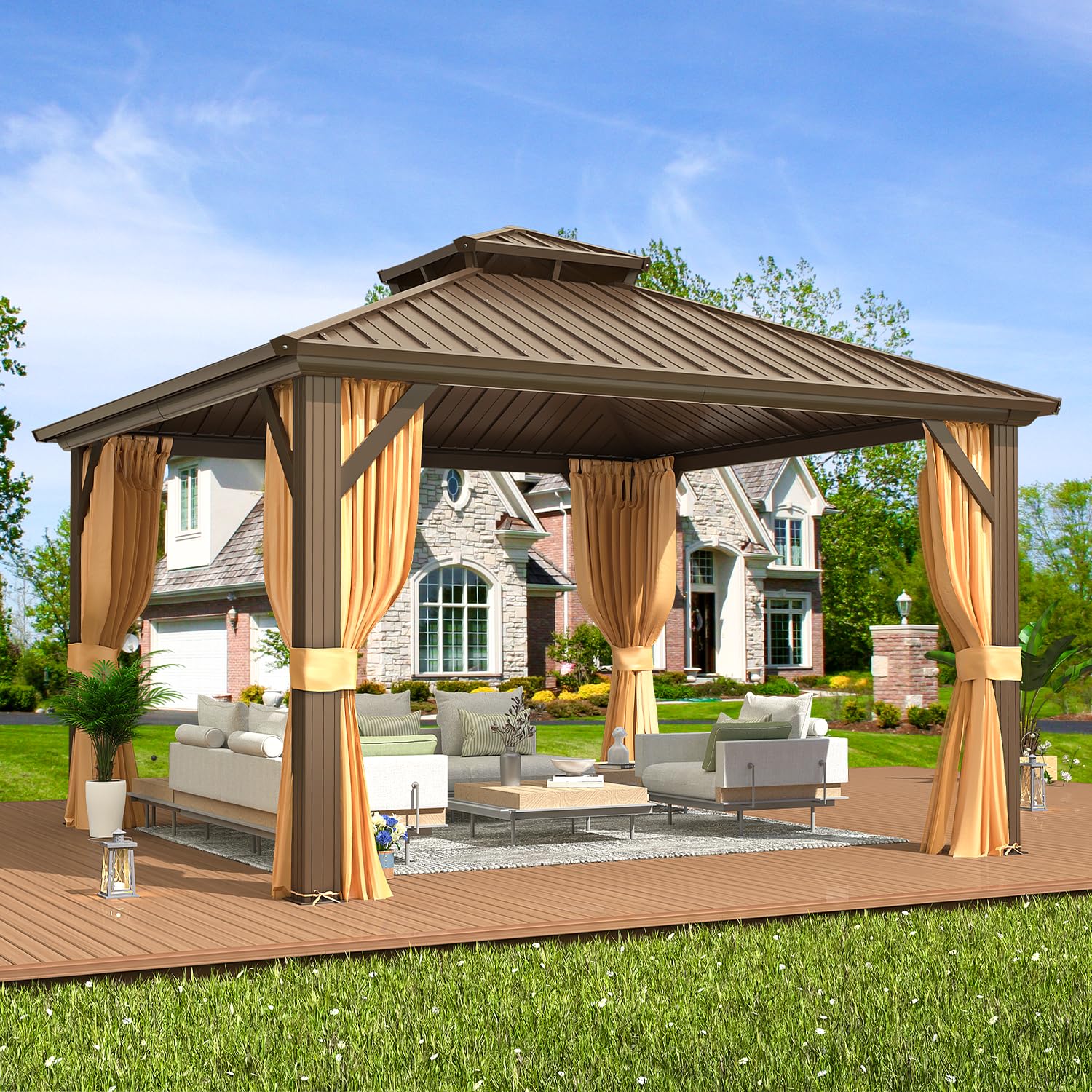 Erommy 12' X 12' Hardtop Gazebo, Galvanized Steel Double Roof Gazebo With Aluminum Frame, Permanent Outdoor Metal Pavilion With