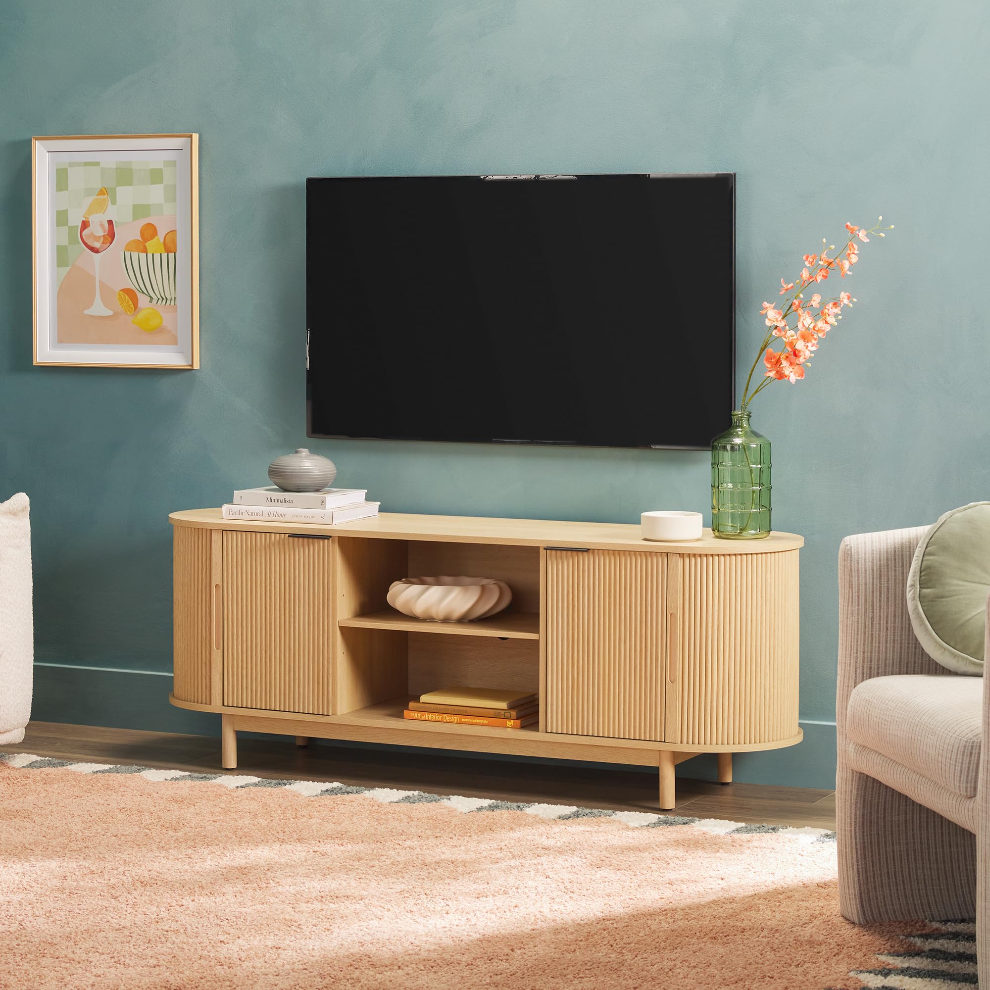 Walker Edison Modern Curved Reeded Tv Stand For Tvs Up To 65 Inches, Credenza With Sliding Doors And Adjustable Shelves, Tv Stand With Cord Management Cutout, 60 Inch, Coastal Oak