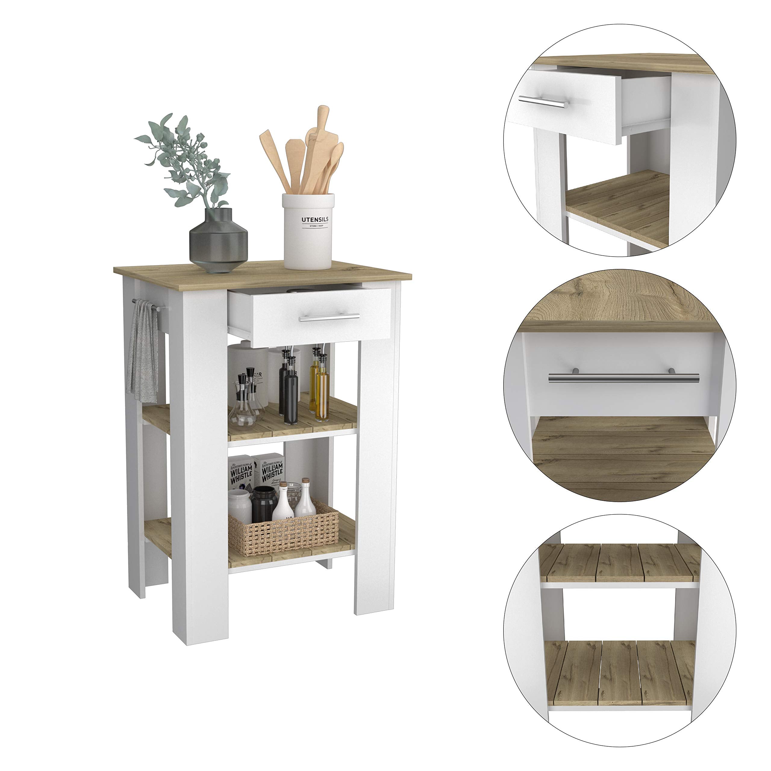 Fm Furniture Brooklyn 23 Kitchen Island With 2 Shelves And 1 Drawer, White/Light Oak
