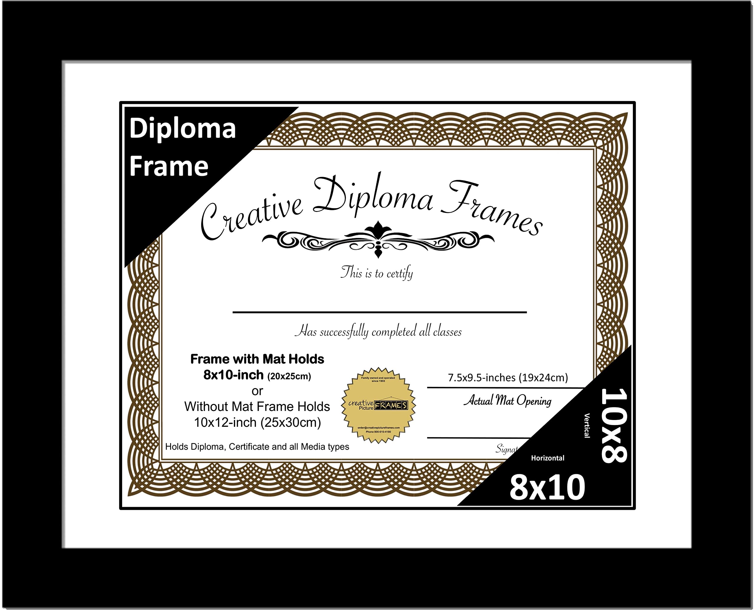 Creative Picture Frames 8x10 Classic Black Diploma Frame with White Mat Glass Easel and Installed Wall Hangers | Frame Holds 10x