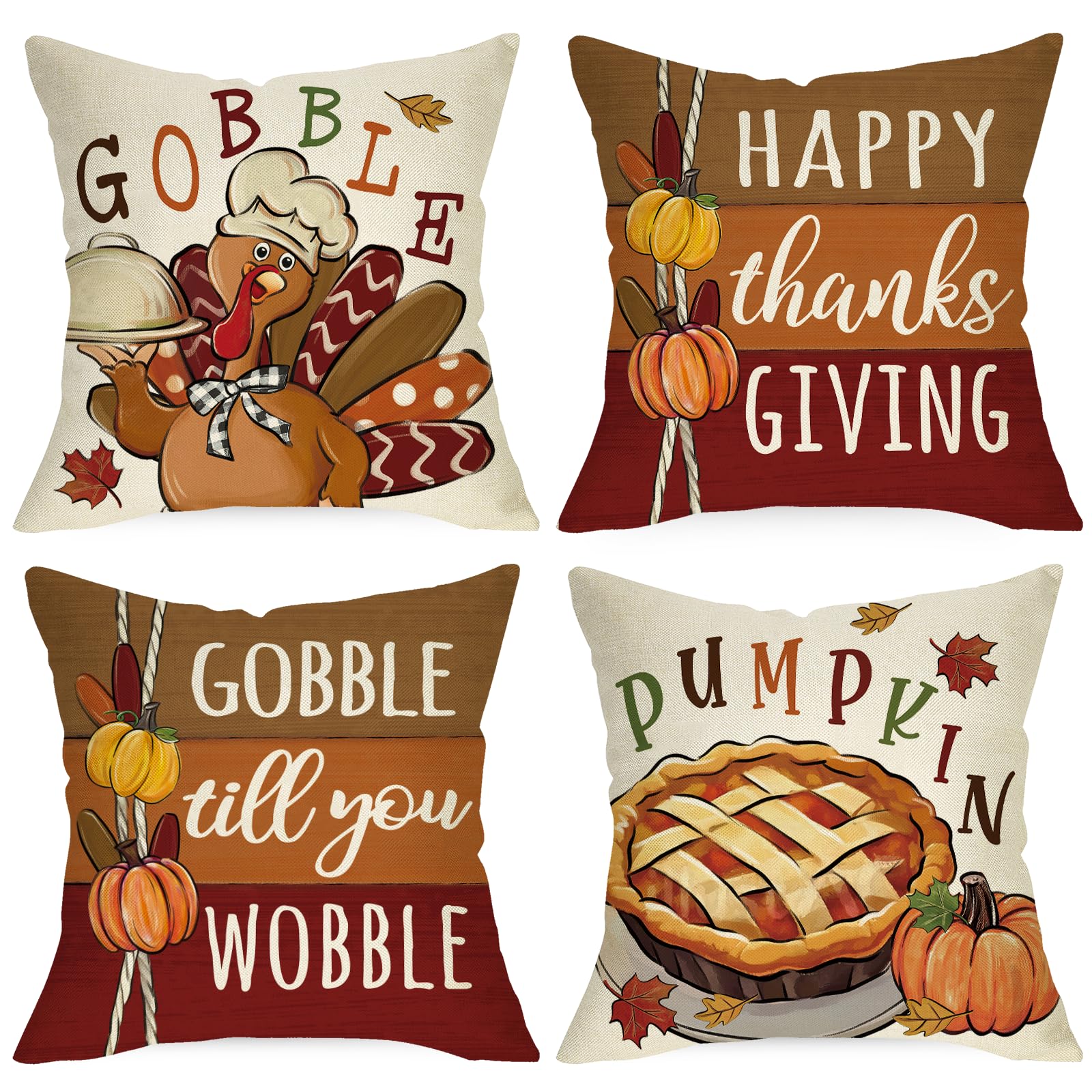 Ussap Happy Thanksgiving Decorative Throw Pillow Covers 18 x 18 Set of 4, Fall Turkey Pumpkin Pie Farmhouse Cushion Case Decor, 