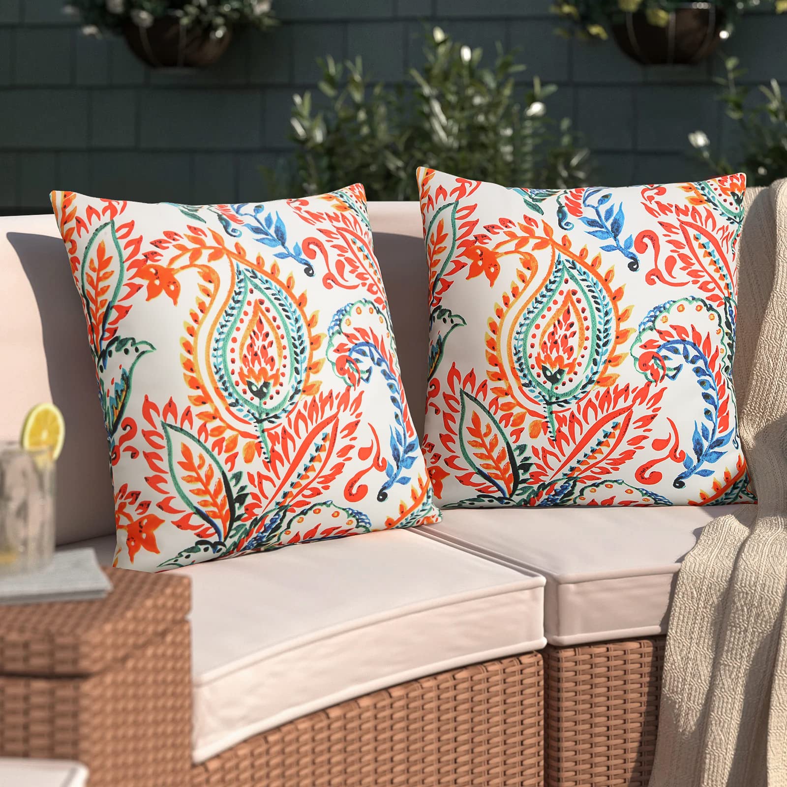 Merrycolor Pack Of 2 Outdoor Waterproof Throw Pillow Covers Colorful Paisley Decorative Square Pillowcase Outdoor Pillows Covers