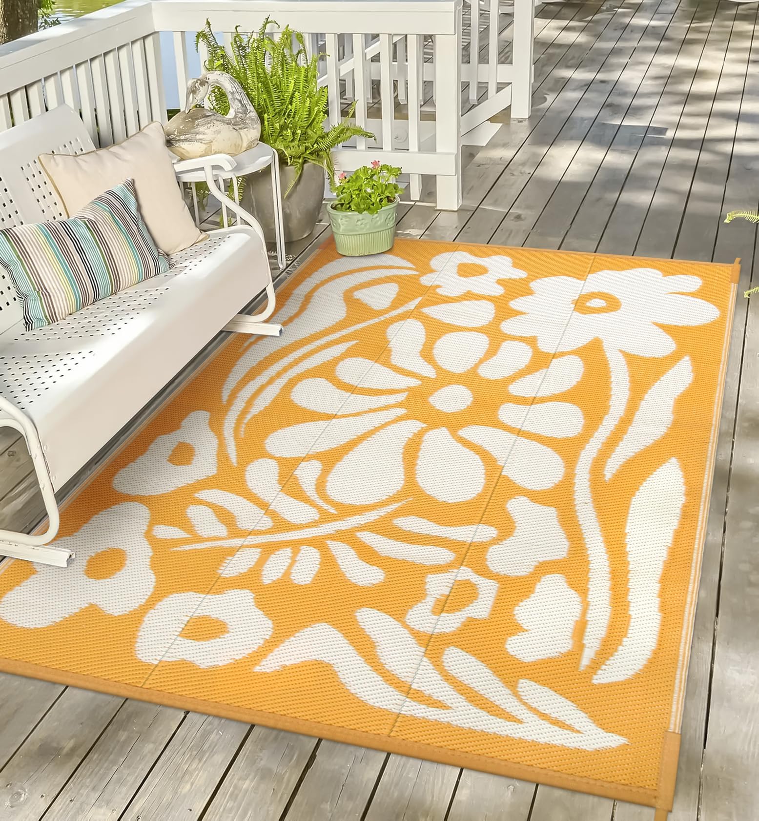 Uphome Outdoor Plastic Straw Rug 6X9 Ft, Reversible Waterproof Outdoor Rug Carpet, Orange Floral Patio Rug, Rv Camping Rug For O