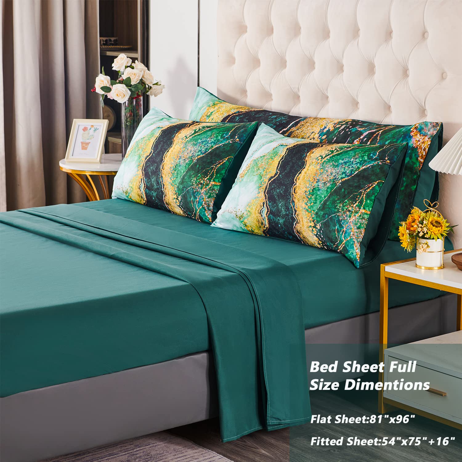 Perfemet 6 Pcs Bed-In-A-Bag Green Watercolor Marble Pattern Comforter Set Full Size Colorful Abstract Artwork Bedding Set Modern