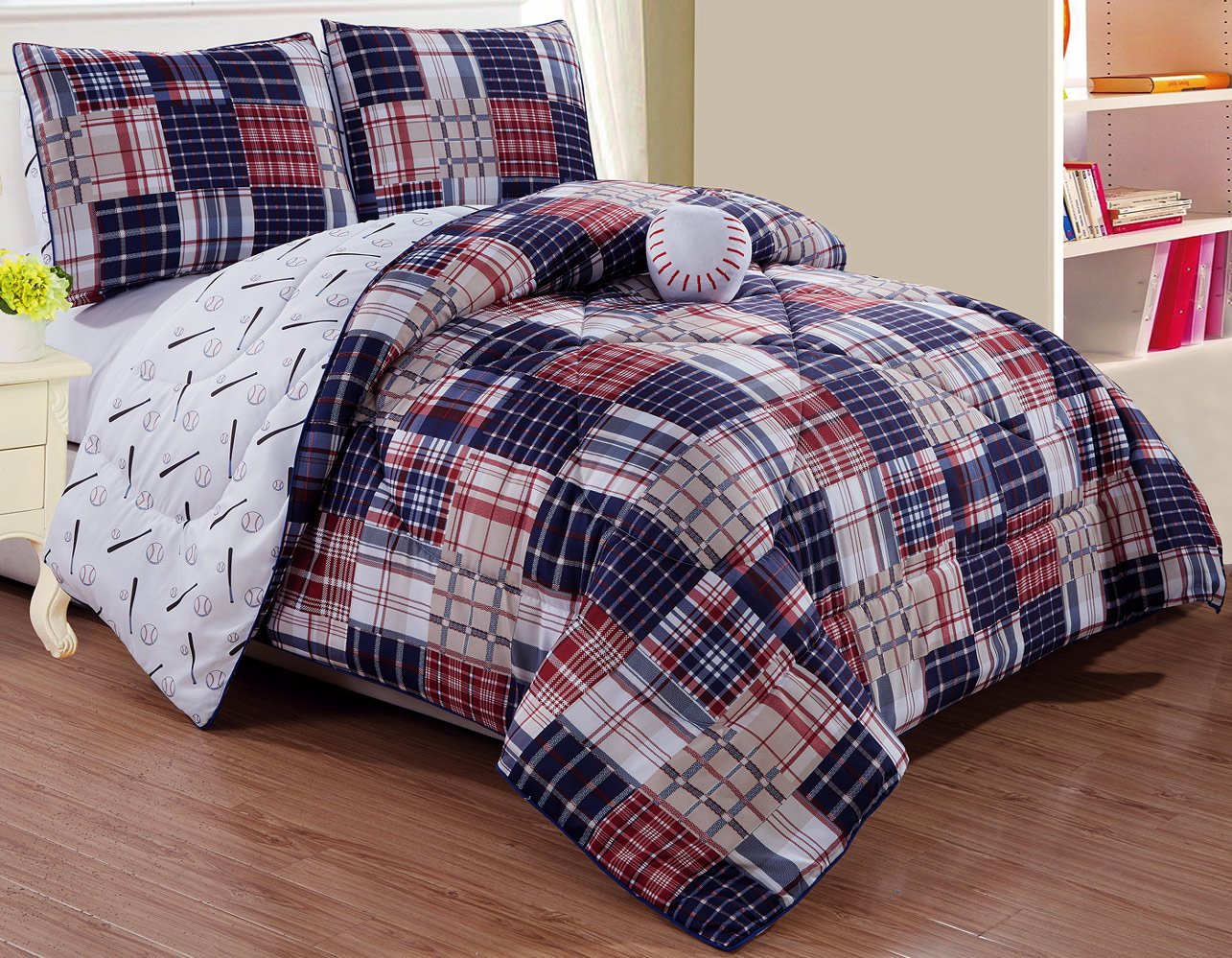 Grand Linen - 4 - Piece Kids (Double) Full Size Baseball Sports Theme Comforter Set With Plush Baseball Pillow Included - Navy B