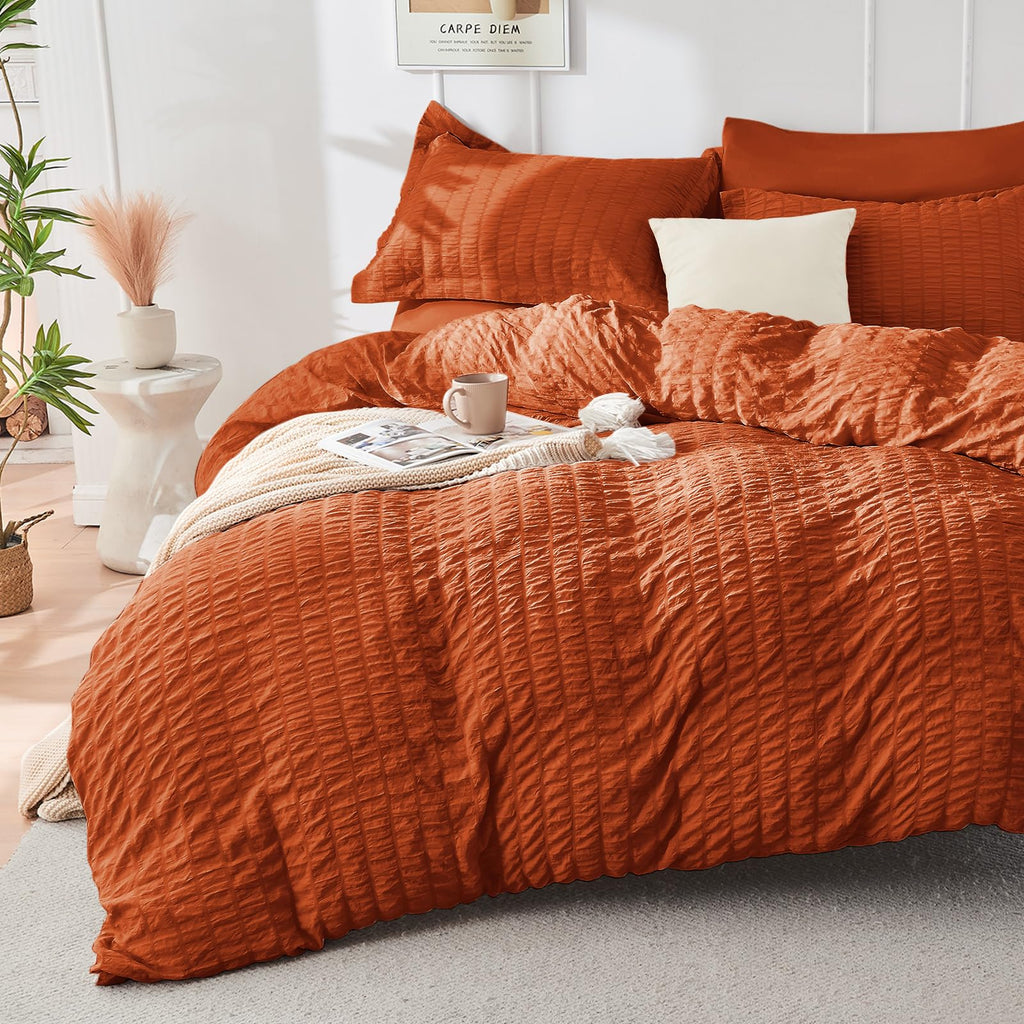 Hymokege Burnt Orange California King Comforter Set Seersucker 7 Pieces, All Season Luxury Bed In A Bag For Bedroom, Bedding Set