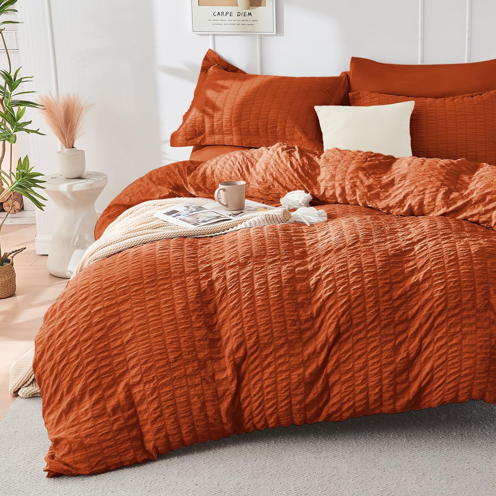Hymokege Burnt Orange California King Comforter Set Seersucker 7 Pieces, All Season Luxury Bed In A Bag For Bedroom, Bedding Set
