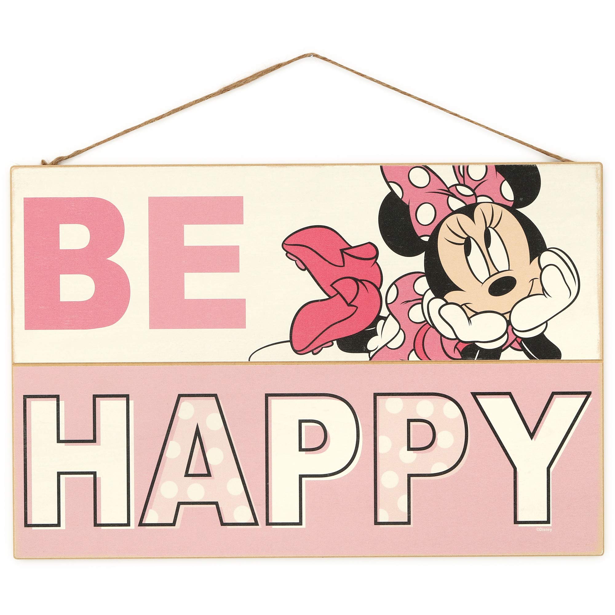 Disney Minnie Mouse Be Happy Hanging Wood Wall Decor - Cute Pink Minnie Mouse Sign for Kids Bedroom, Play Room or Nursery