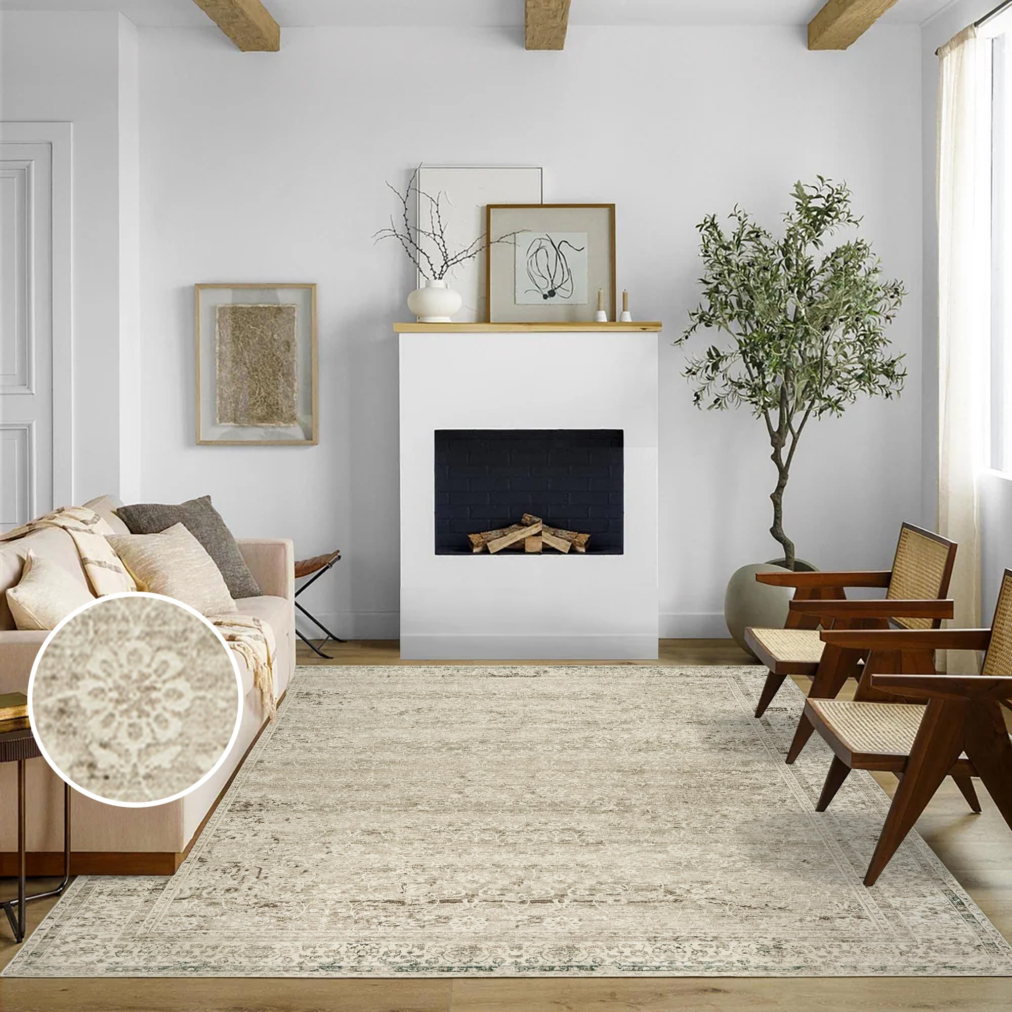 BILEEHOME Neutral Area Rugs 8x10 for Living Room,Boho Washable Earth Tone Vintage Floral Modern Farmhouse Bedroom Dining Room Ru