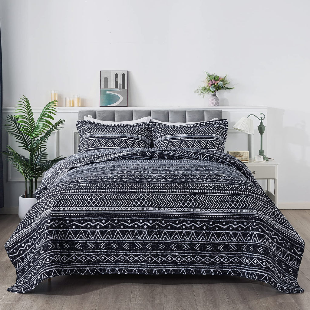 Travan 3-Piece Queen Quilt Set Striped Pattern Microfiber Soft Lightweight Bedding Set With Shams For All Season, Black Strips,
