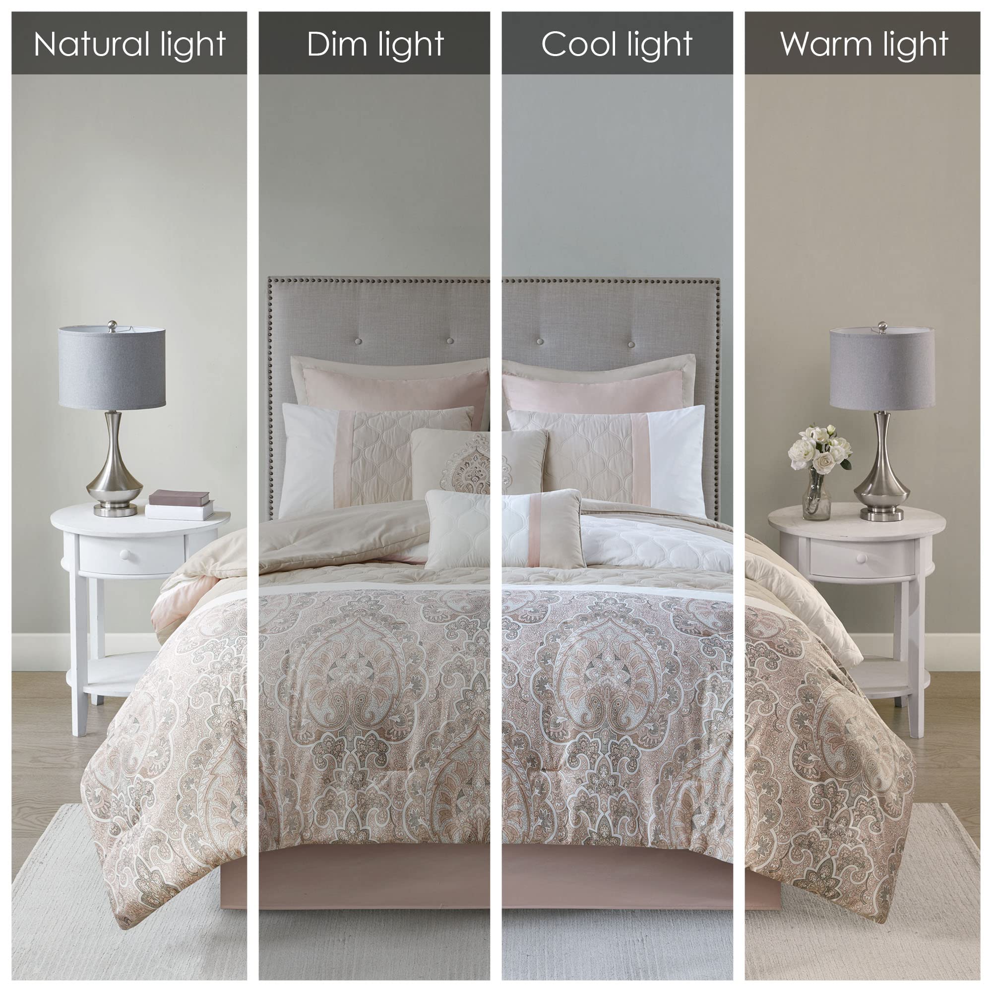 510 Design Luxe Quilted Comforter Set Modern Transitional Design, All Season Down Alternative Warm Bedding Matching Shams, Bedskirt, Decorative Pillow, Queen, Shawnee Scrollwork Blush