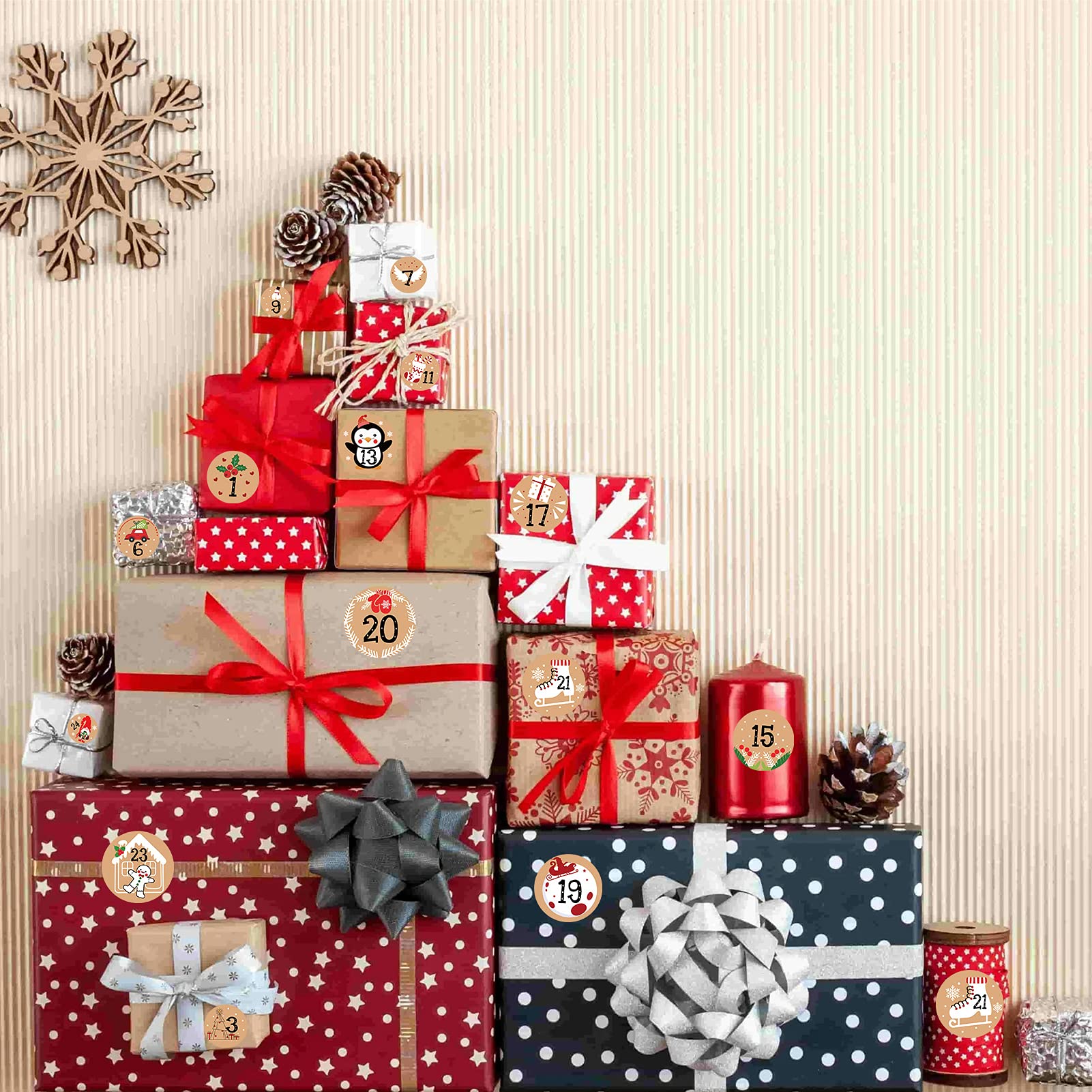 Howaf 192Pcs Christmas Advent Stickers 1-24 Christmas Number Stickers Round Kraft Christmas Countdown Stickers Diy Advent Calend