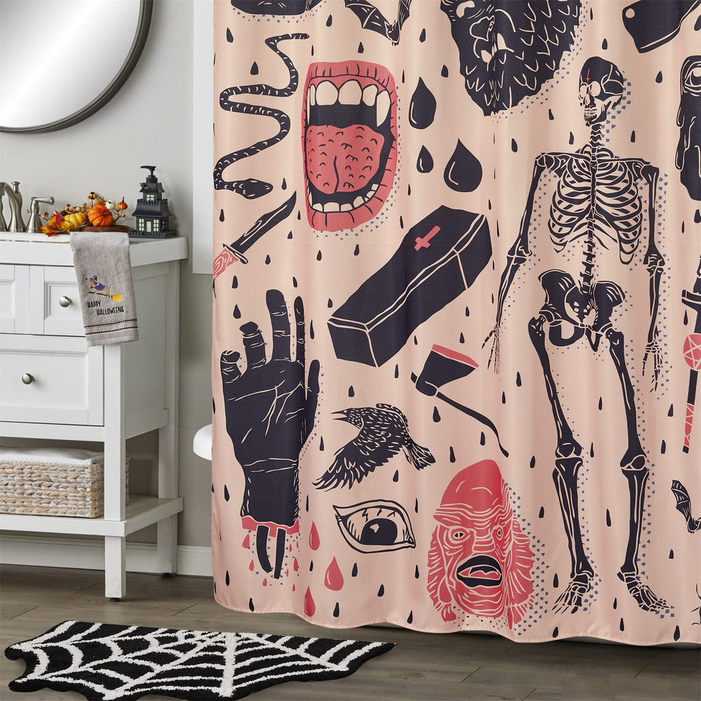 Estmy Vintage Gothic Shower Curtain Set Extra Long 84 Inches Length, Heavy Duty Waffle Fabric Creepy Skeleton Skulls Bats Fun Cu