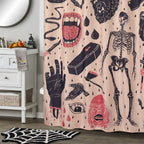 Estmy Vintage Gothic Shower Curtain Set Extra Long 84 Inches Length, Heavy Duty Waffle Fabric Creepy Skeleton Skulls Bats Fun Cu