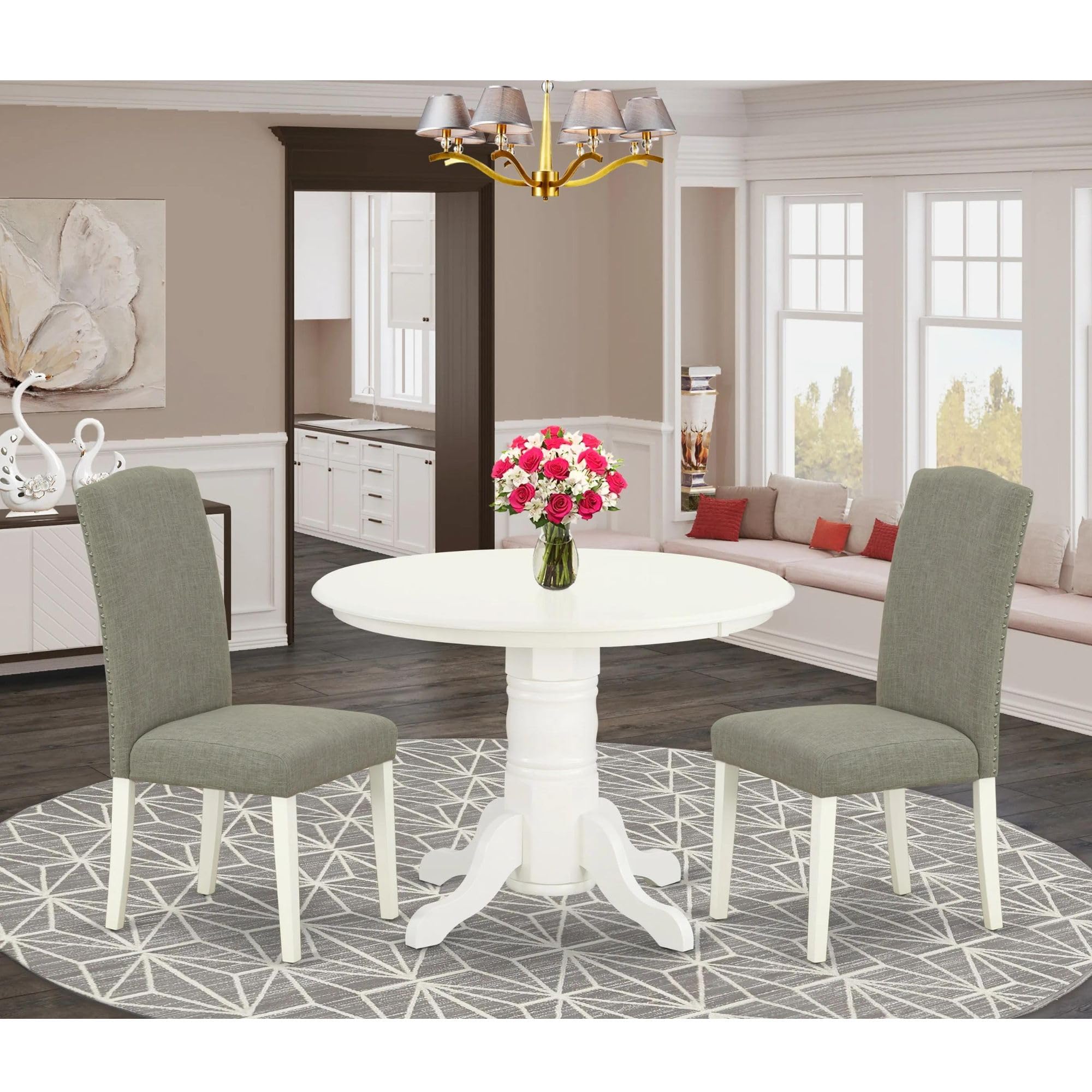East West Furniture Shen3-Lwh-06 3 Piece Dining Set Contains A Round Kitchen Table With Pedestal And 2 Dark Shitake Linen Fabric Parson Dining Chairs, 42X42 Inch, Linen White
