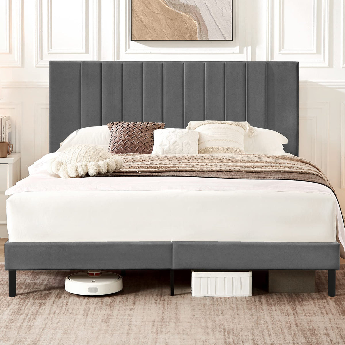 Flolinda Queen Size Platform Bed Frame With Velvet Upholstered Headboard And Wooden Slats Support, Queen Size Bed And Headboard/No Box Spring Needed/Easy Assembly, Grey Velvet