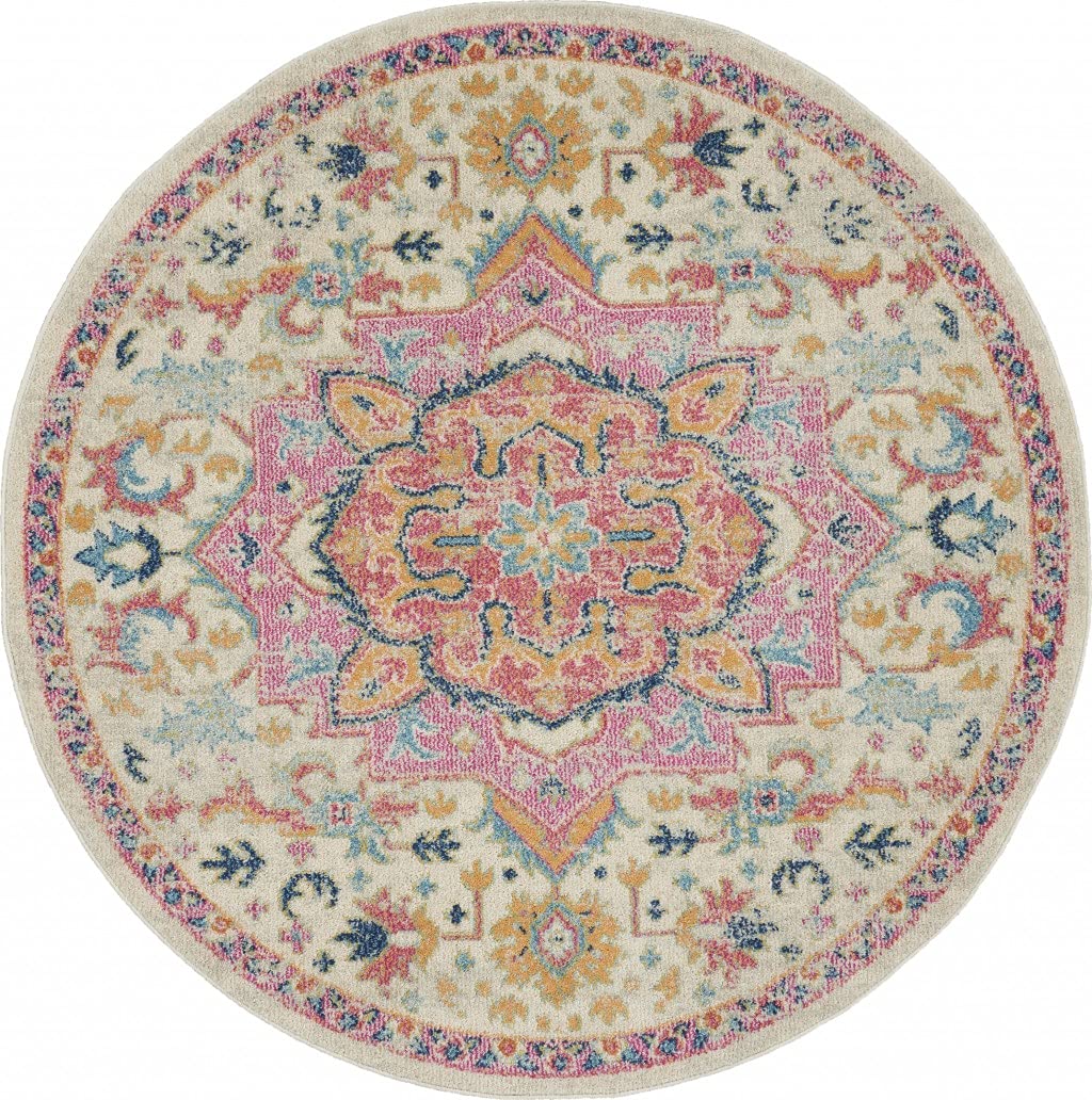 HomeRoots Ivory/Pink 100% Polypropylene 5’ Round Ivory and Pink Medallion Area Rug