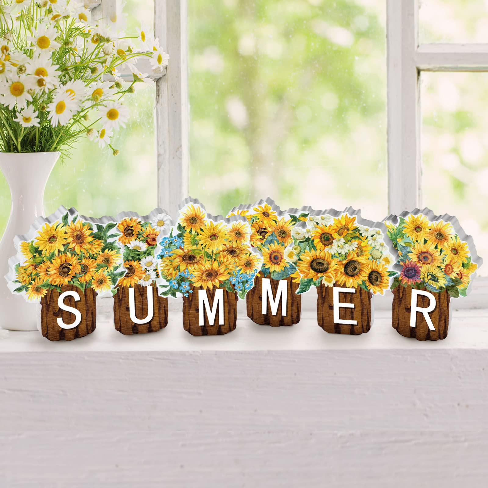 Maitys 6 Pcs Sunflower Summer Table Decor Wood Block Signs Farmhouse Tiered Tray Decor Flowers Tabletop Signs Decorations Wooden