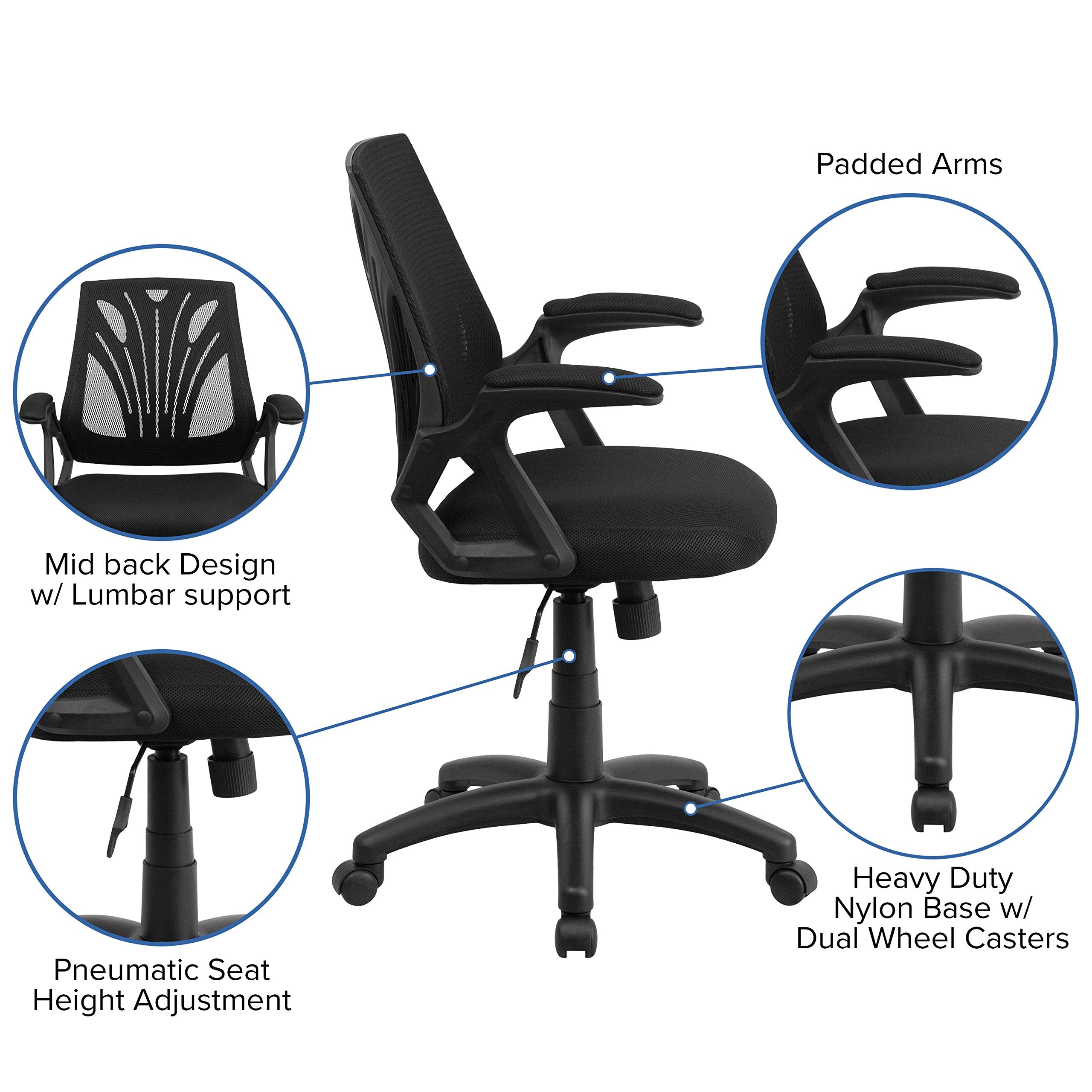 Flash Furniture Sam Mid-Back Designer Black Mesh Swivel Task Office Chair with Open Arms