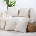 All Smiles Decorative Cream Throw Pillow Covers 18X18 Set Of 4 Farmhouse Rustic Boho Home Decor Soft Plush Striped Corduroy Squa