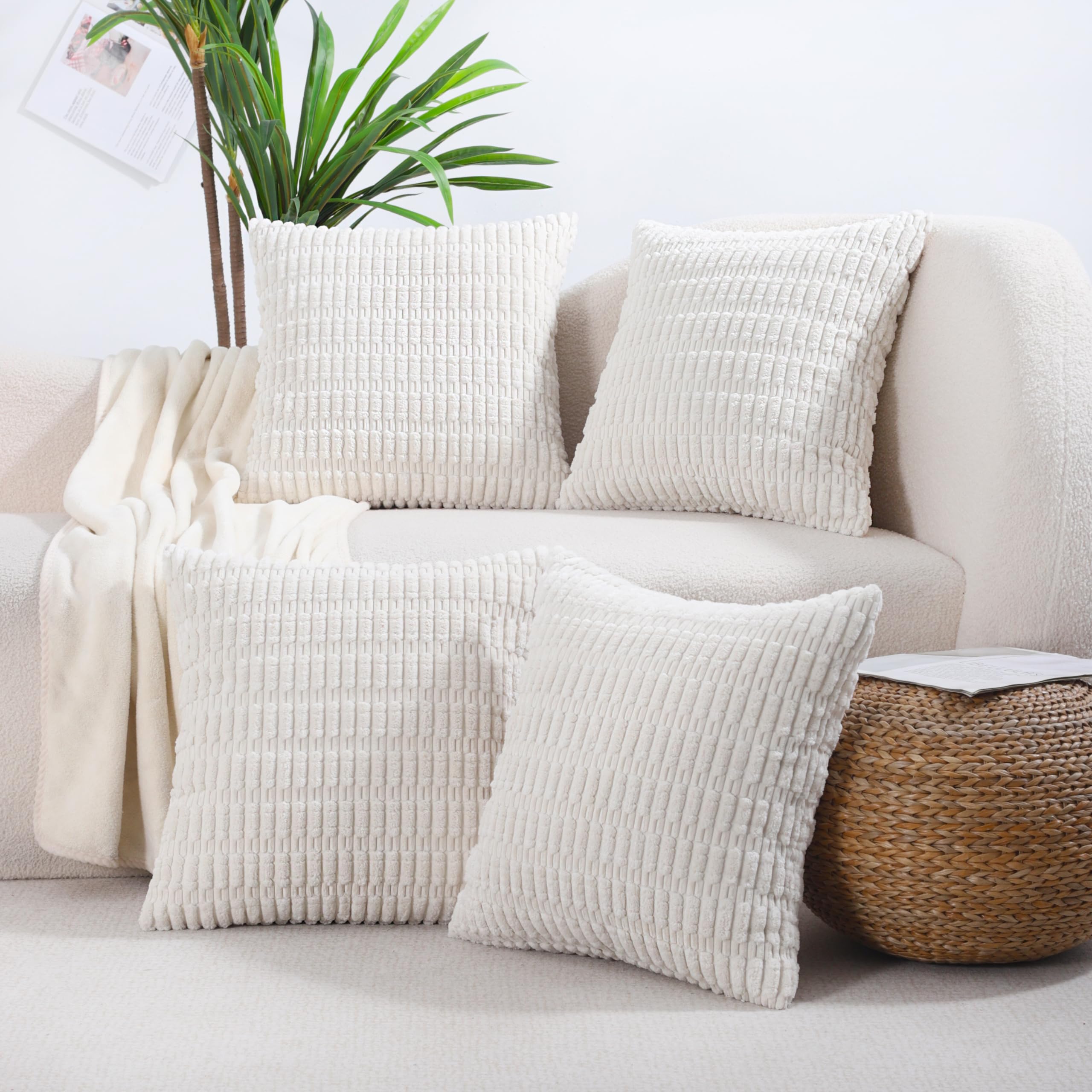 All Smiles Decorative Cream Throw Pillow Covers 18X18 Set Of 4 Farmhouse Rustic Boho Home Decor Soft Plush Striped Corduroy Squa