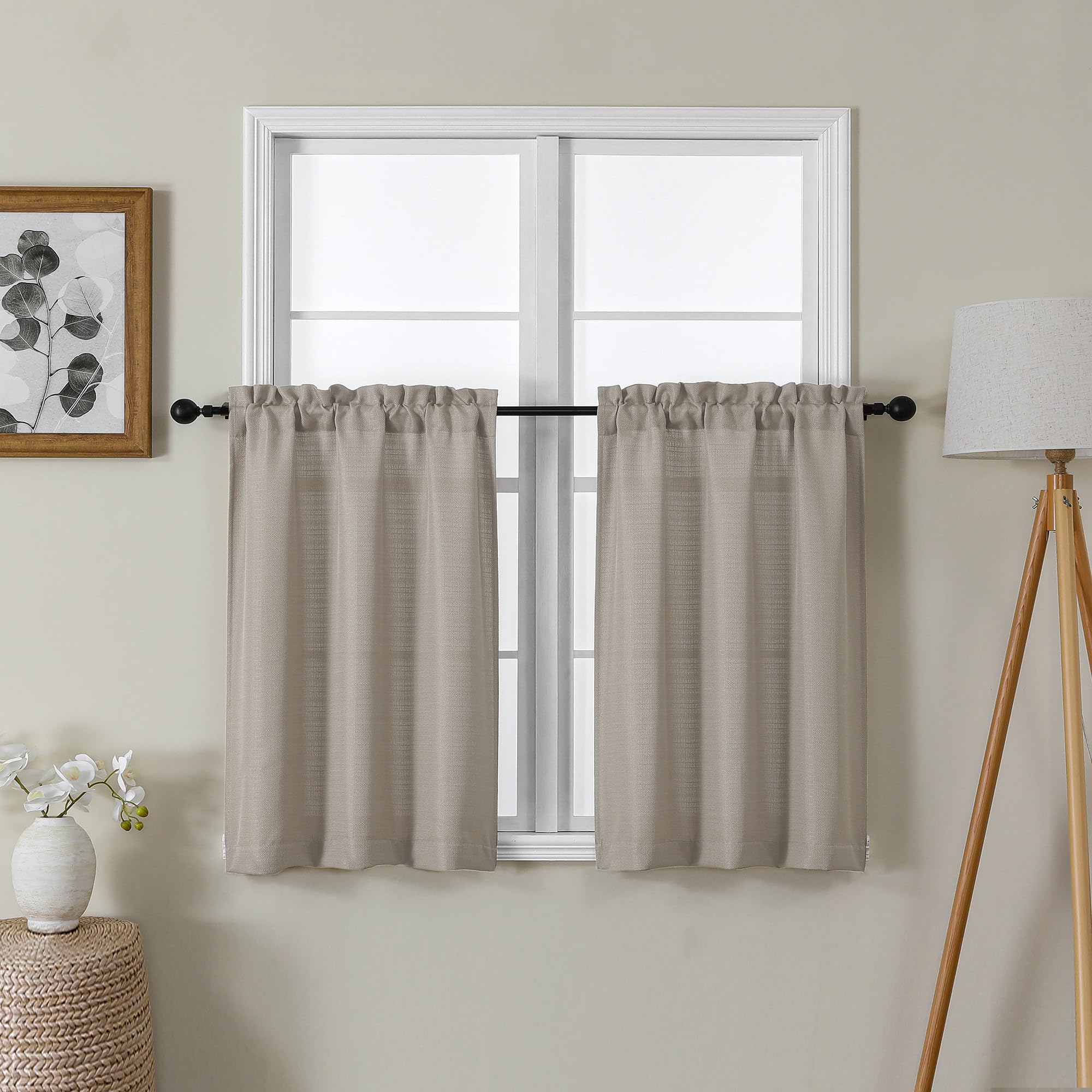 Lecloud Bessie Stone Kitchen Curtains 30 Inch Length 2 Pcs, Light Filtering Cafe Short Curtain Tiers, Dual Rod Pocket Window Tre