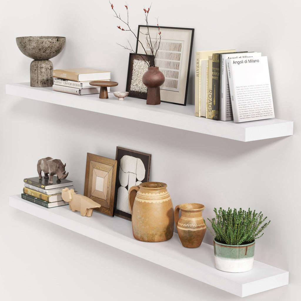 White Floating Shelves 48 Inch Set Of 2, Solid Wood Wall Mounted Shelves 48 Inches Long, Modern Floating Shelves For Bedroom Living Room Bathroom - White